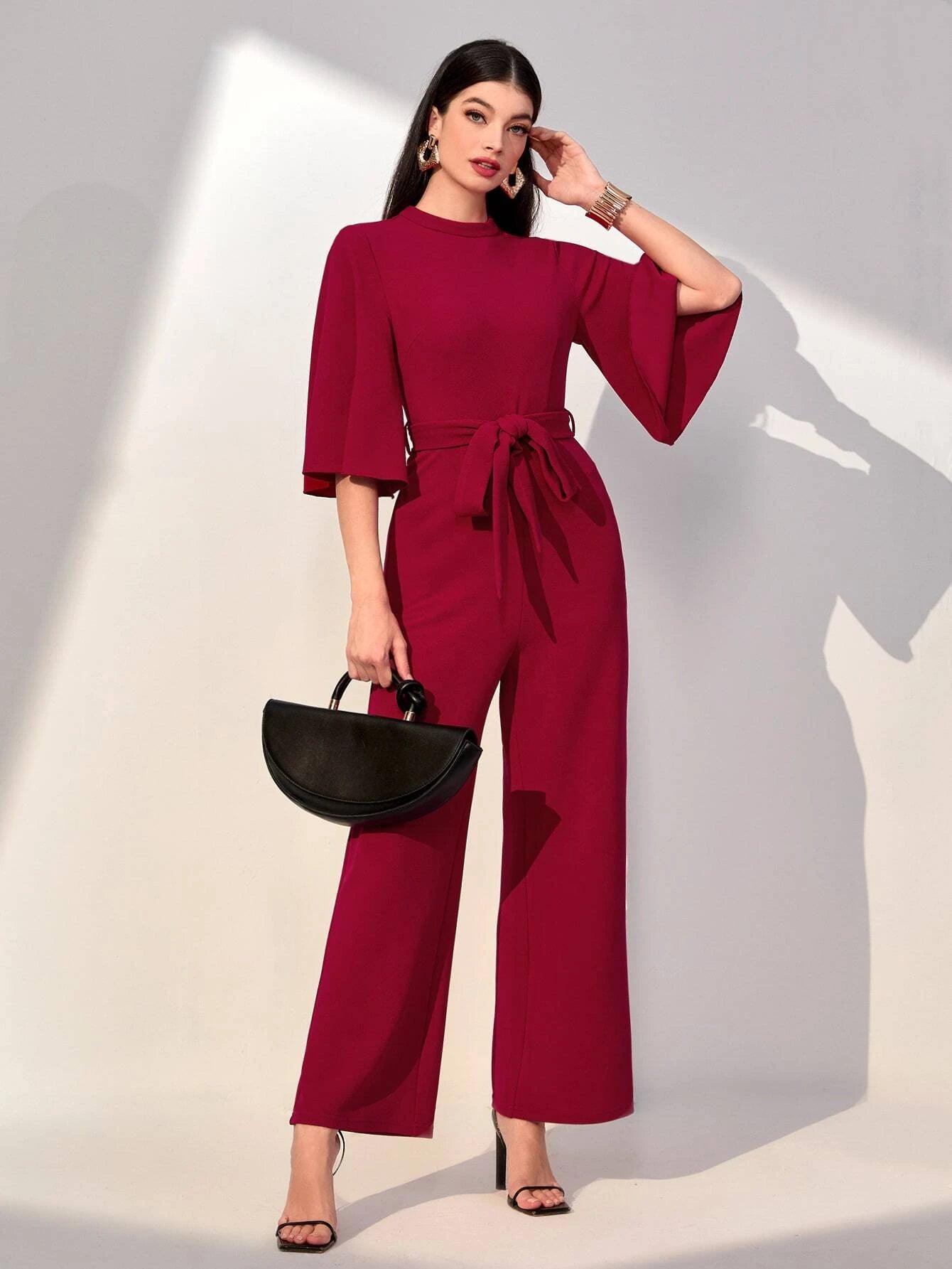 Flounce Sleeve Belted Jumpsuit-Comfy Jumpsuits