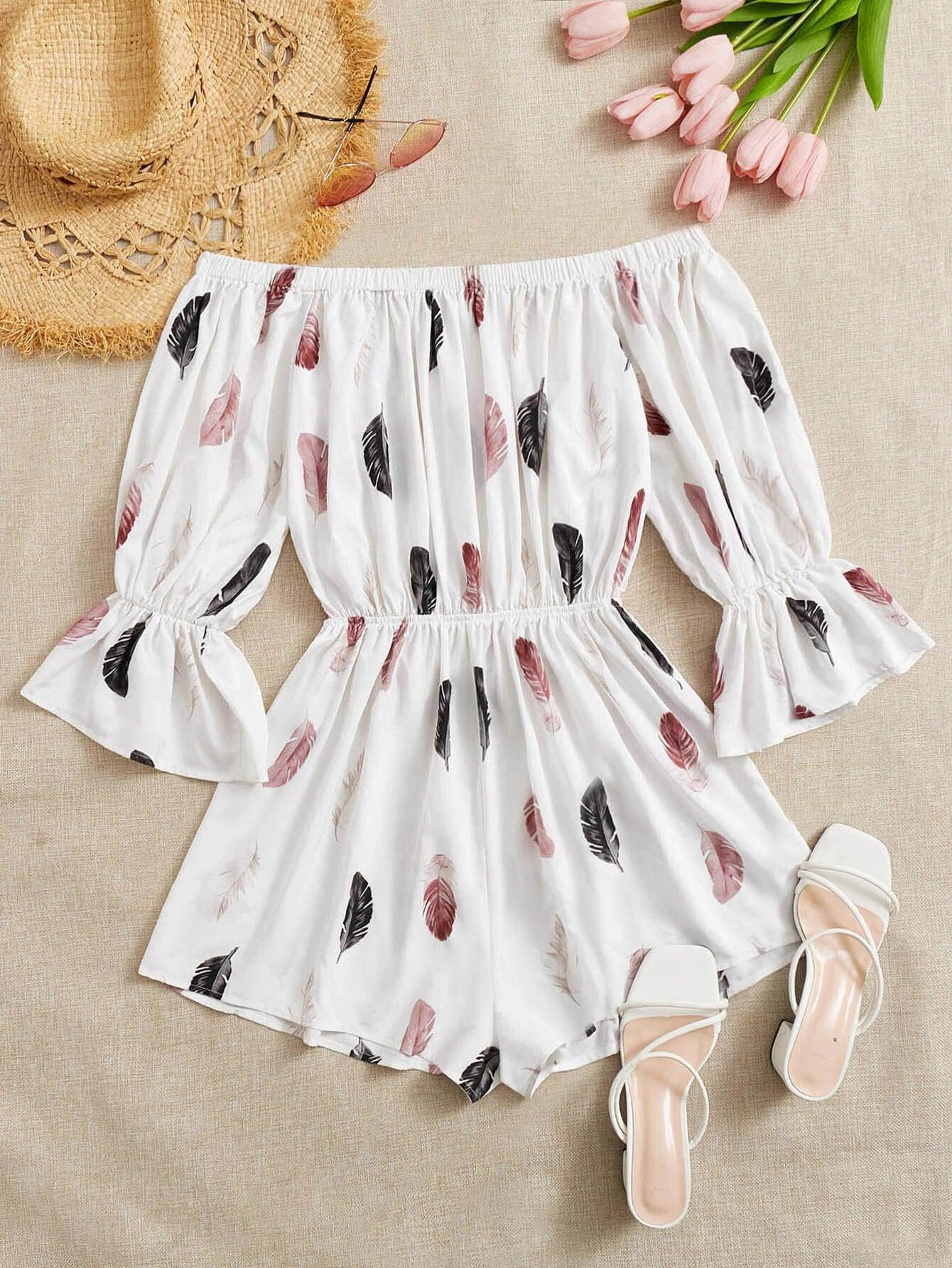 Feather Print Off Shoulder Flounce Sleeve Romper-Comfy Jumpsuits