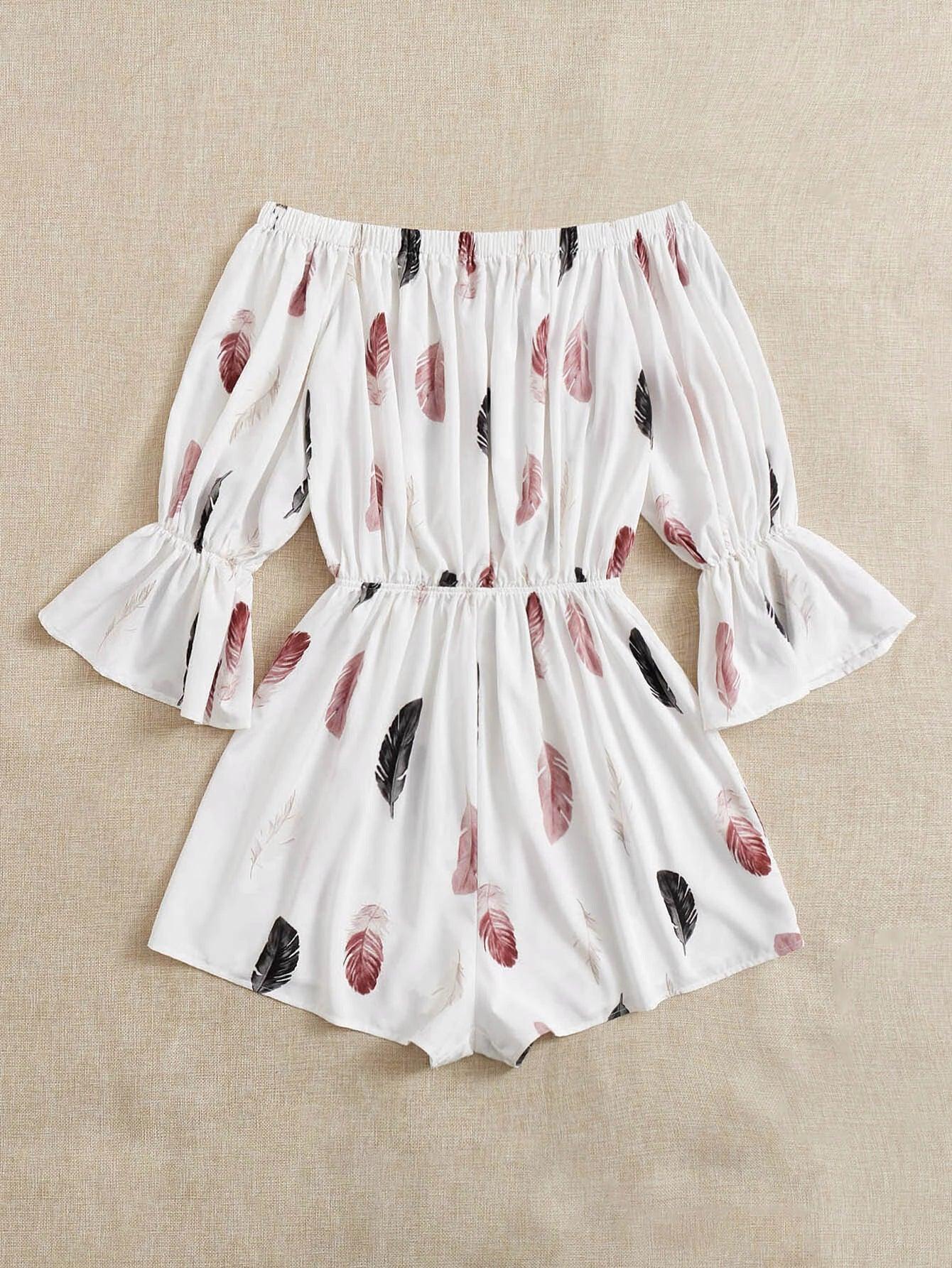 Feather Print Off Shoulder Flounce Sleeve Romper-Comfy Jumpsuits