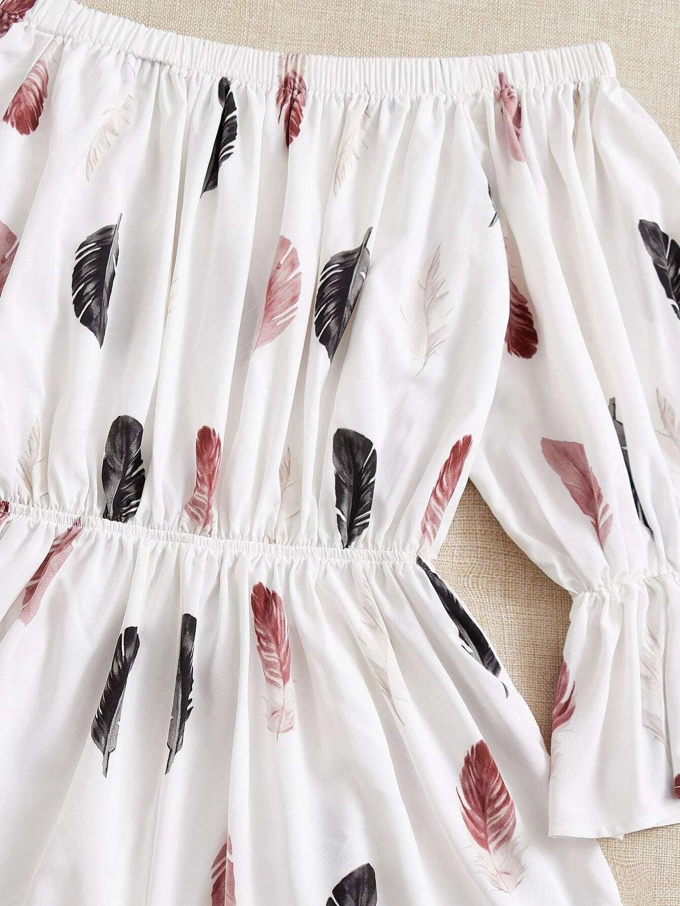 Feather Print Off Shoulder Flounce Sleeve Romper-Comfy Jumpsuits