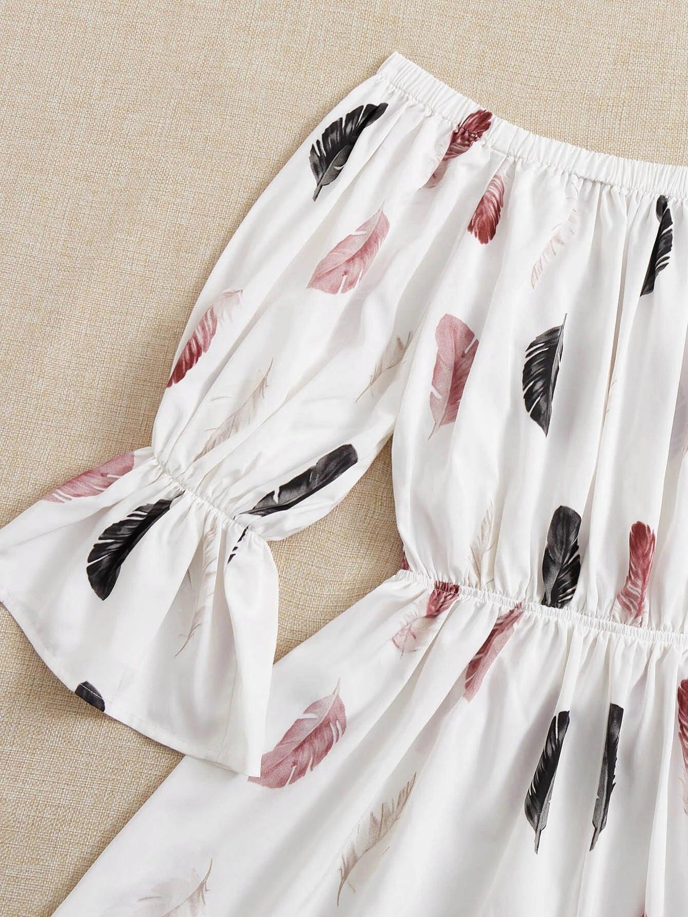 Feather Print Off Shoulder Flounce Sleeve Romper-Comfy Jumpsuits