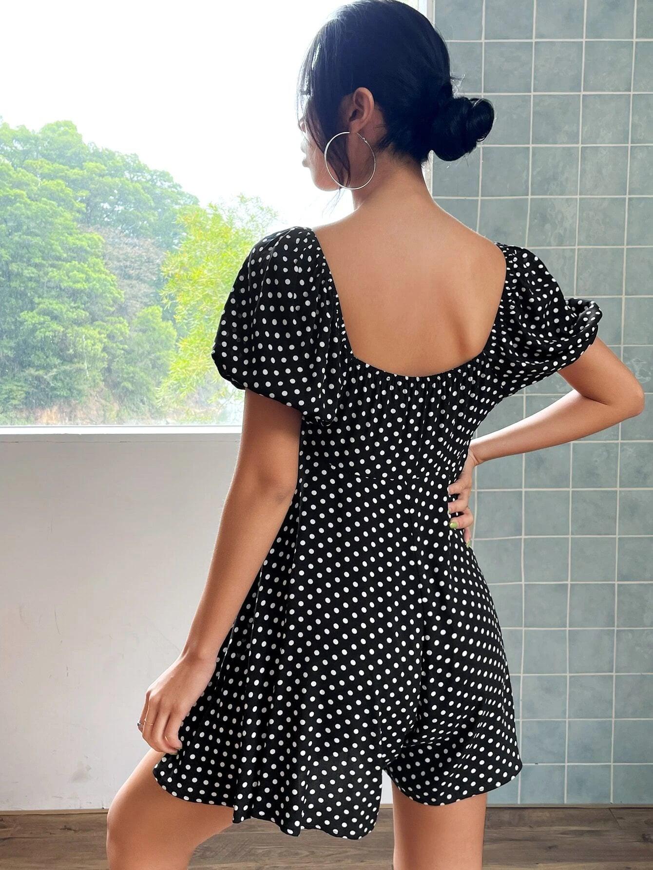 Polka Dot Print Puff Sleeve Flare Hem Romper-Comfy Jumpsuits