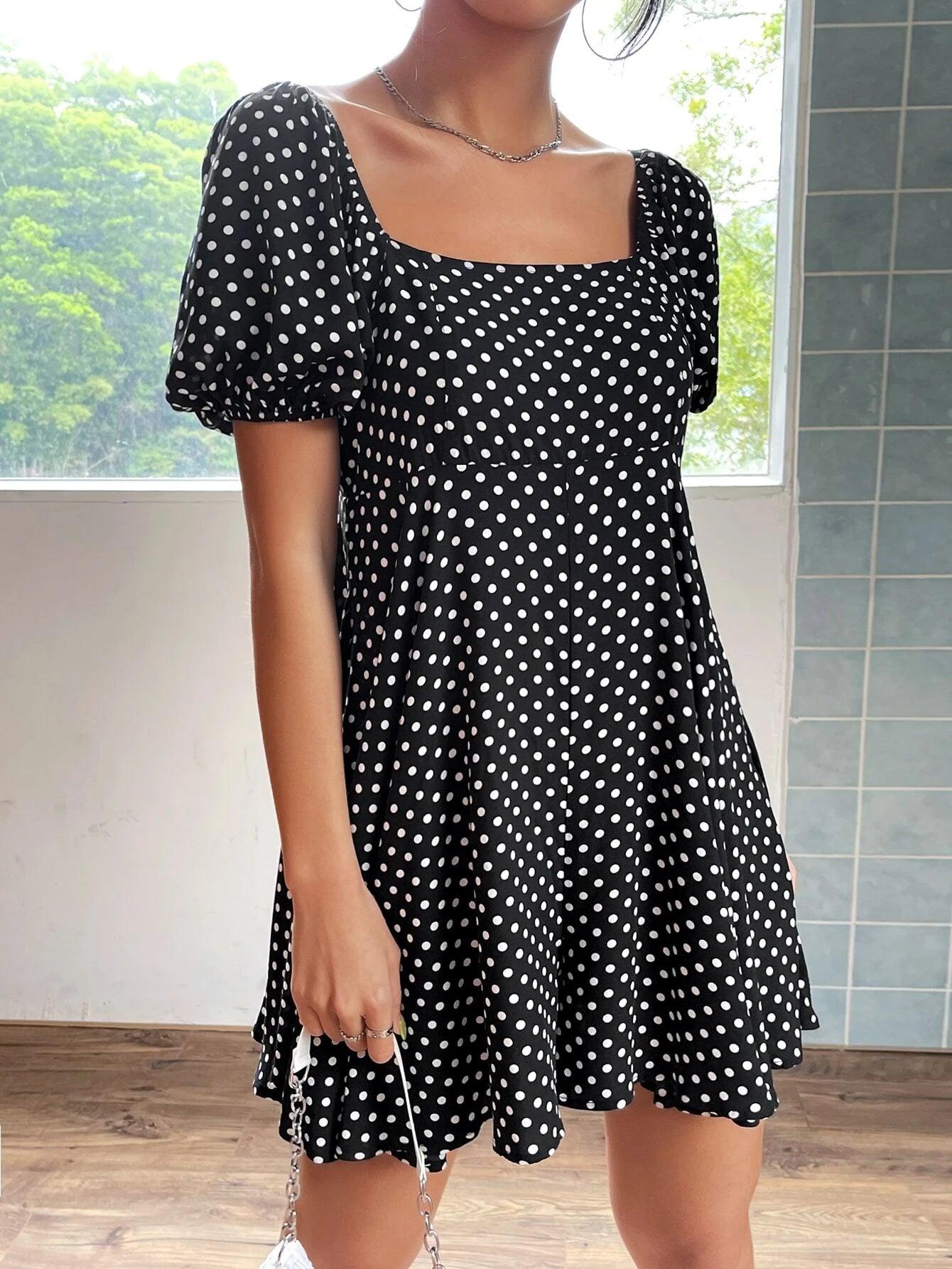 Polka Dot Print Puff Sleeve Flare Hem Romper-Comfy Jumpsuits