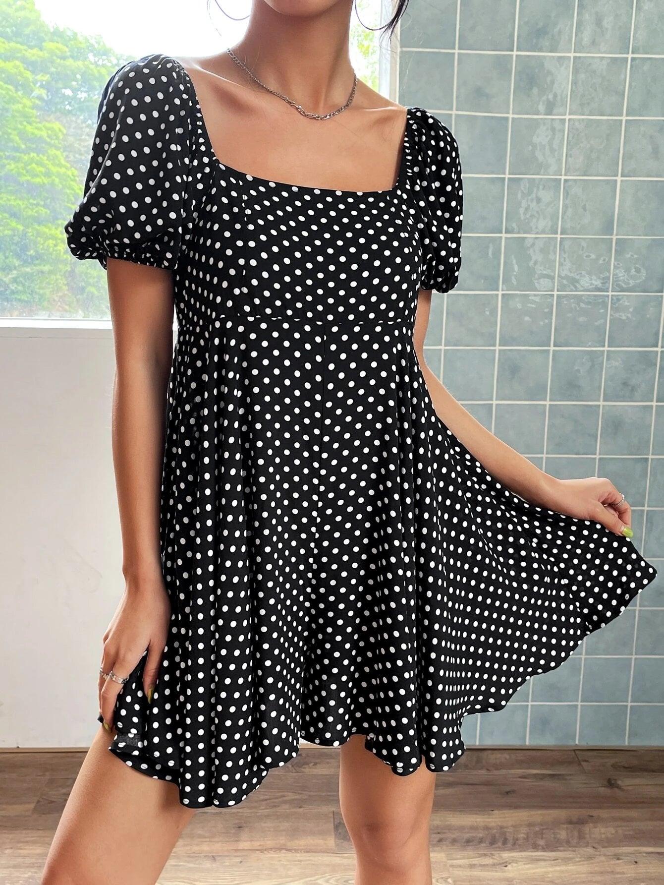 Polka Dot Print Puff Sleeve Flare Hem Romper-Comfy Jumpsuits