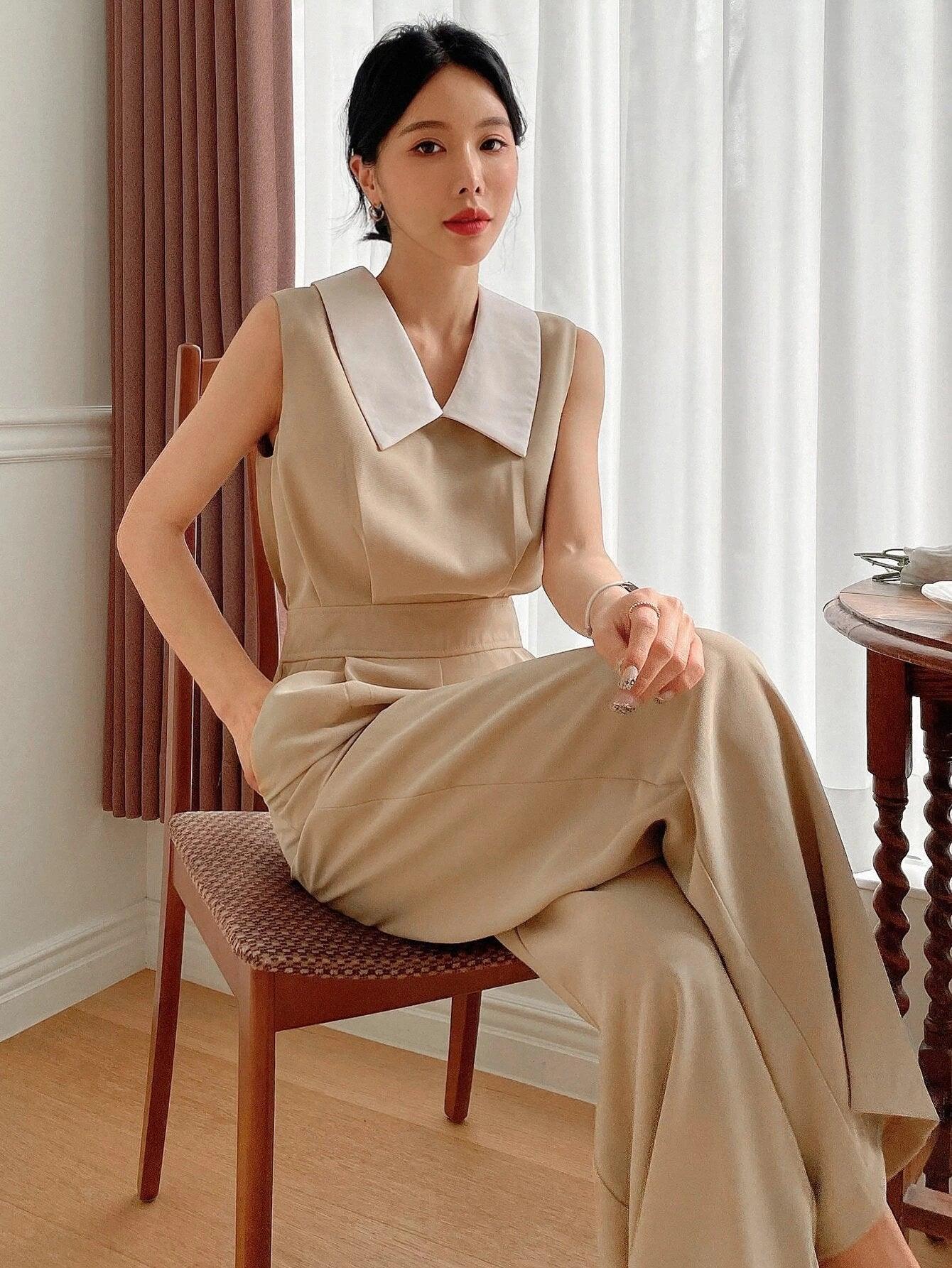 Contrast Collar Sleeveless Wide Leg Jumpsuit-Comfy Jumpsuits