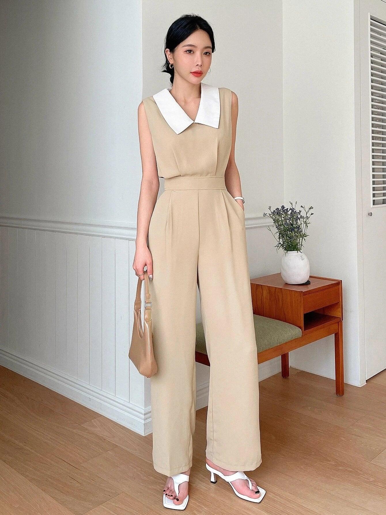 Contrast Collar Sleeveless Wide Leg Jumpsuit-Comfy Jumpsuits