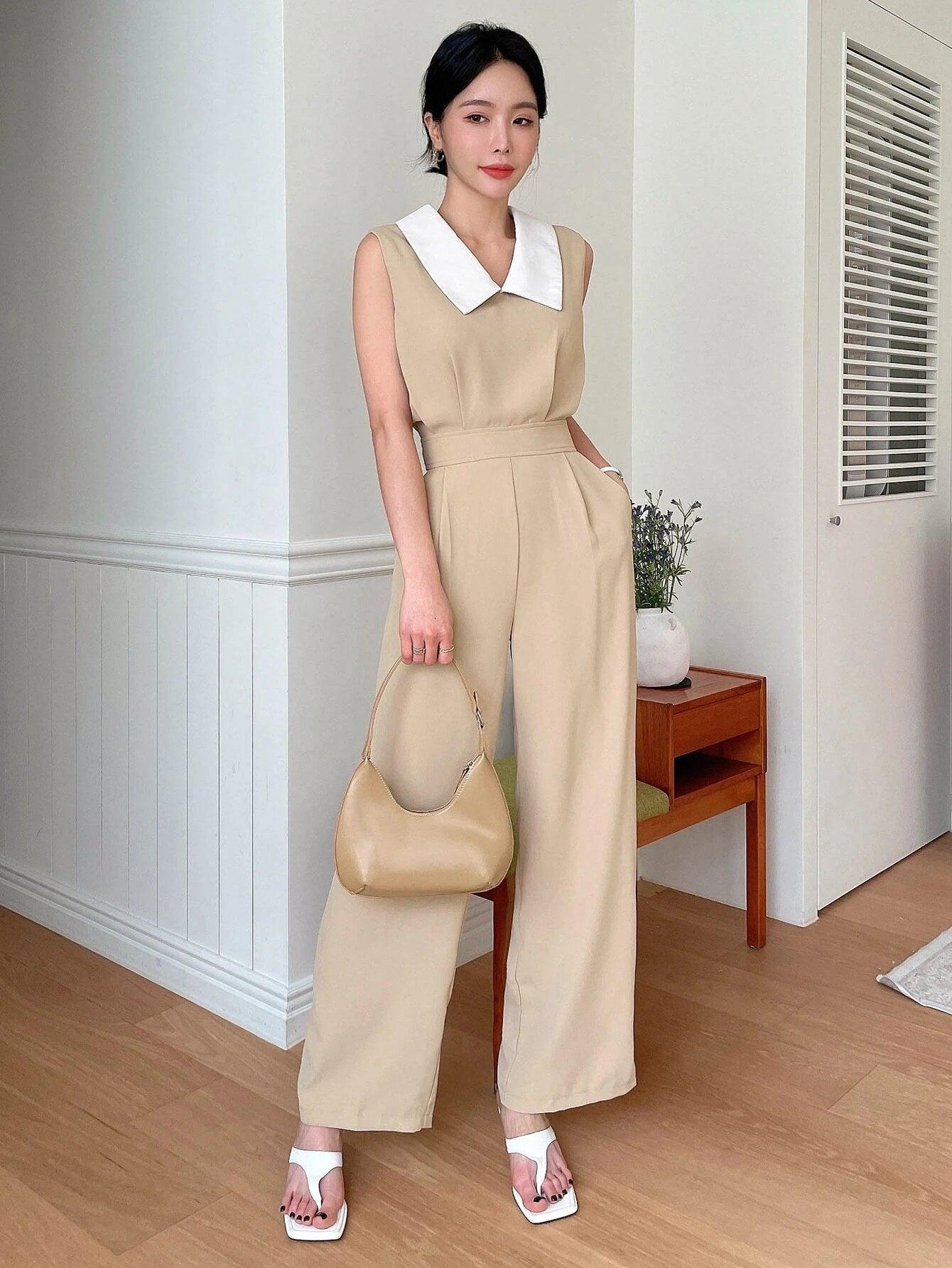 Contrast Collar Sleeveless Wide Leg Jumpsuit-Comfy Jumpsuits