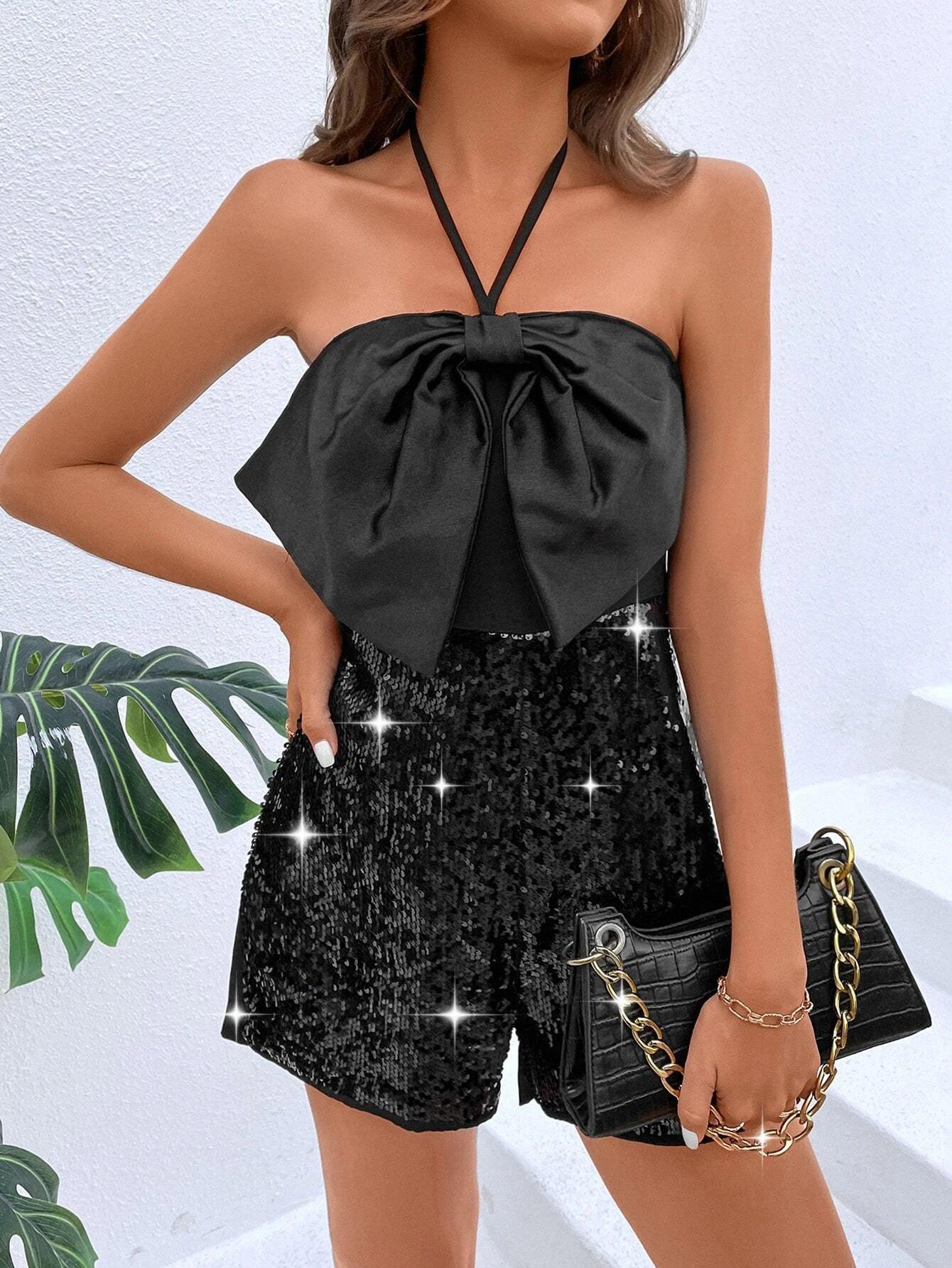 Plain Sleeveless Sequin Romper-Comfy Jumpsuits