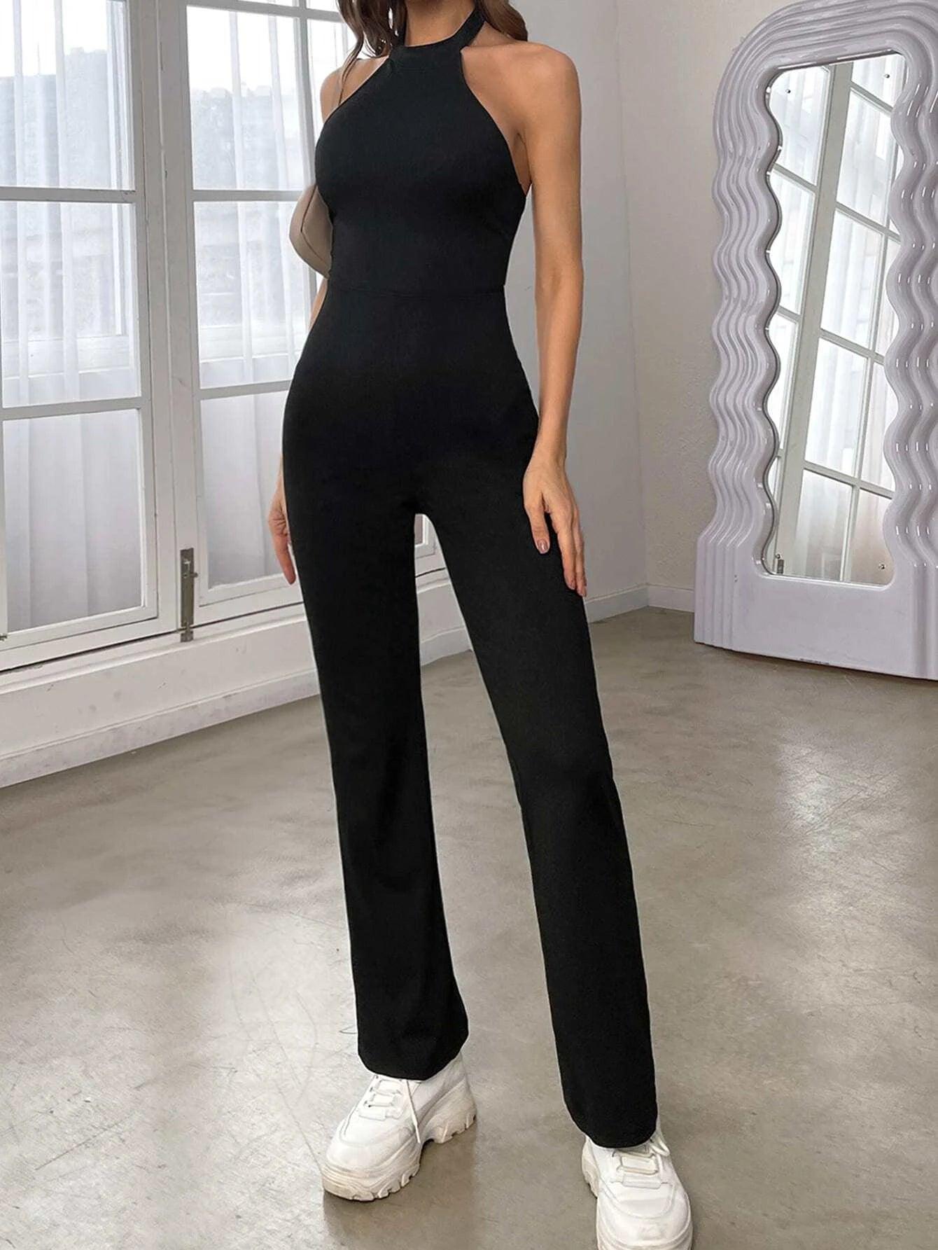 Solid Backless Halter Neck Flare Leg Jumpsuit-Comfy Jumpsuits