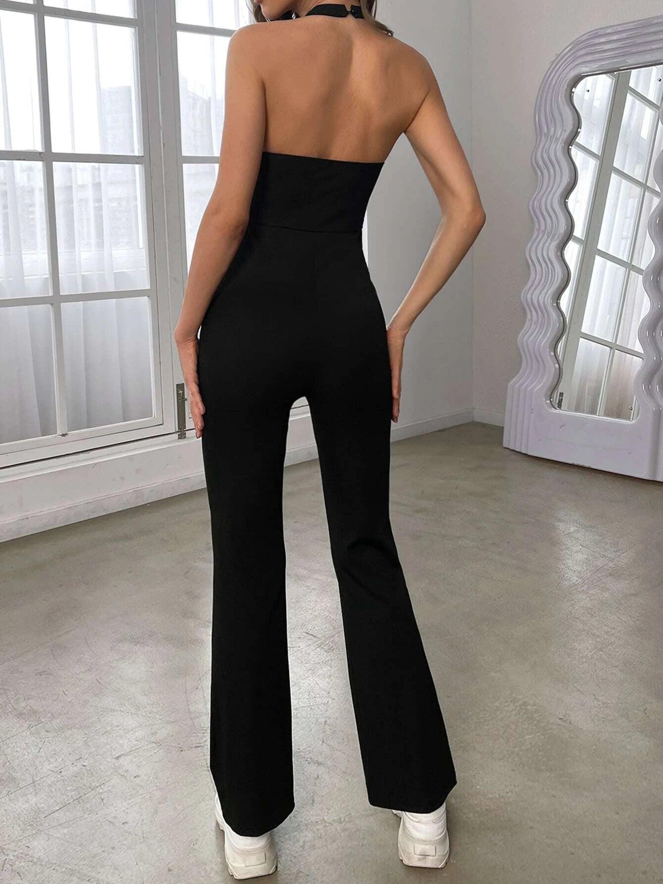 Solid Backless Halter Neck Flare Leg Jumpsuit-Comfy Jumpsuits