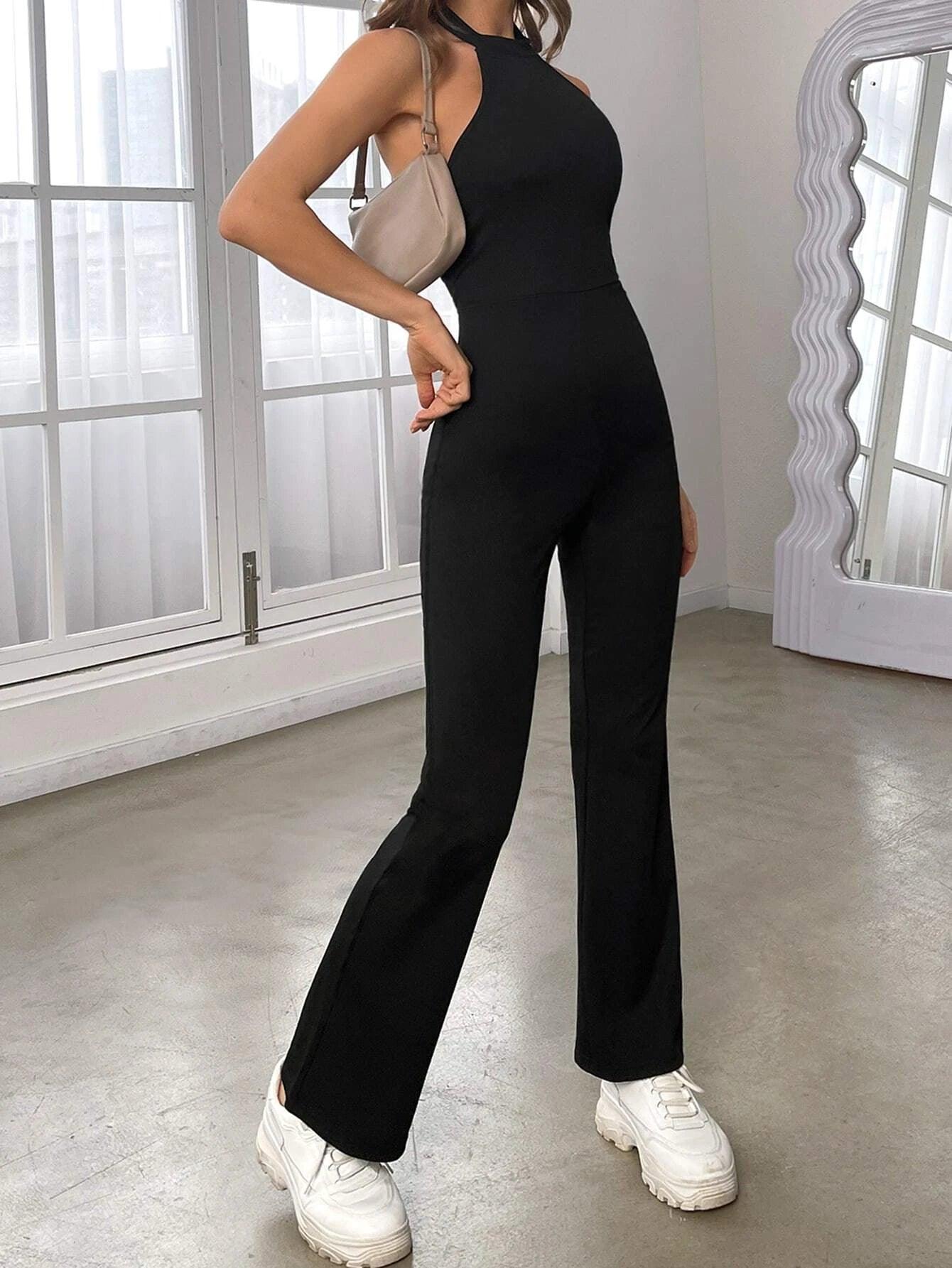 Solid Backless Halter Neck Flare Leg Jumpsuit-Comfy Jumpsuits