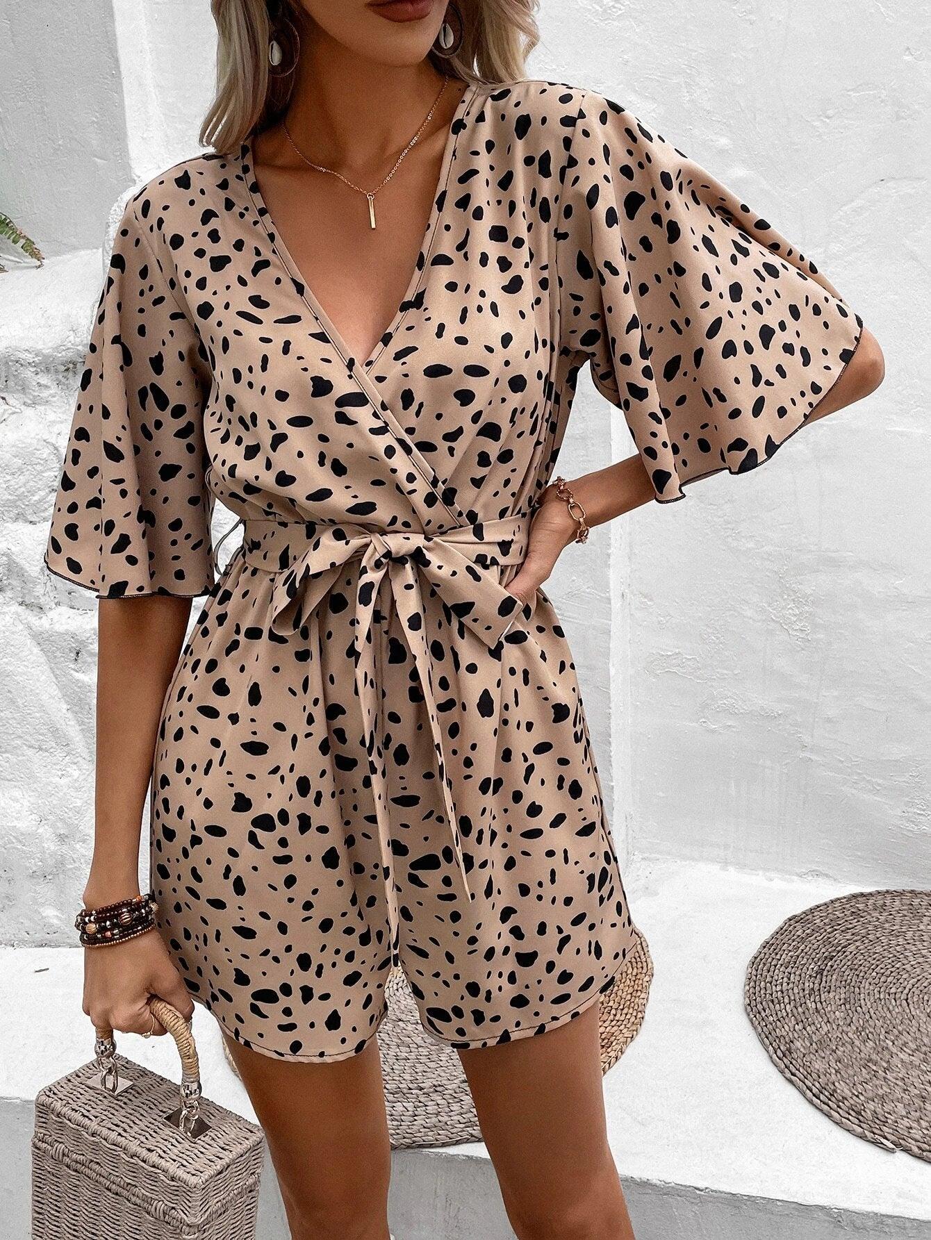 Allover Print Butterfly Half Sleeve Belted Romper-Comfy Jumpsuits