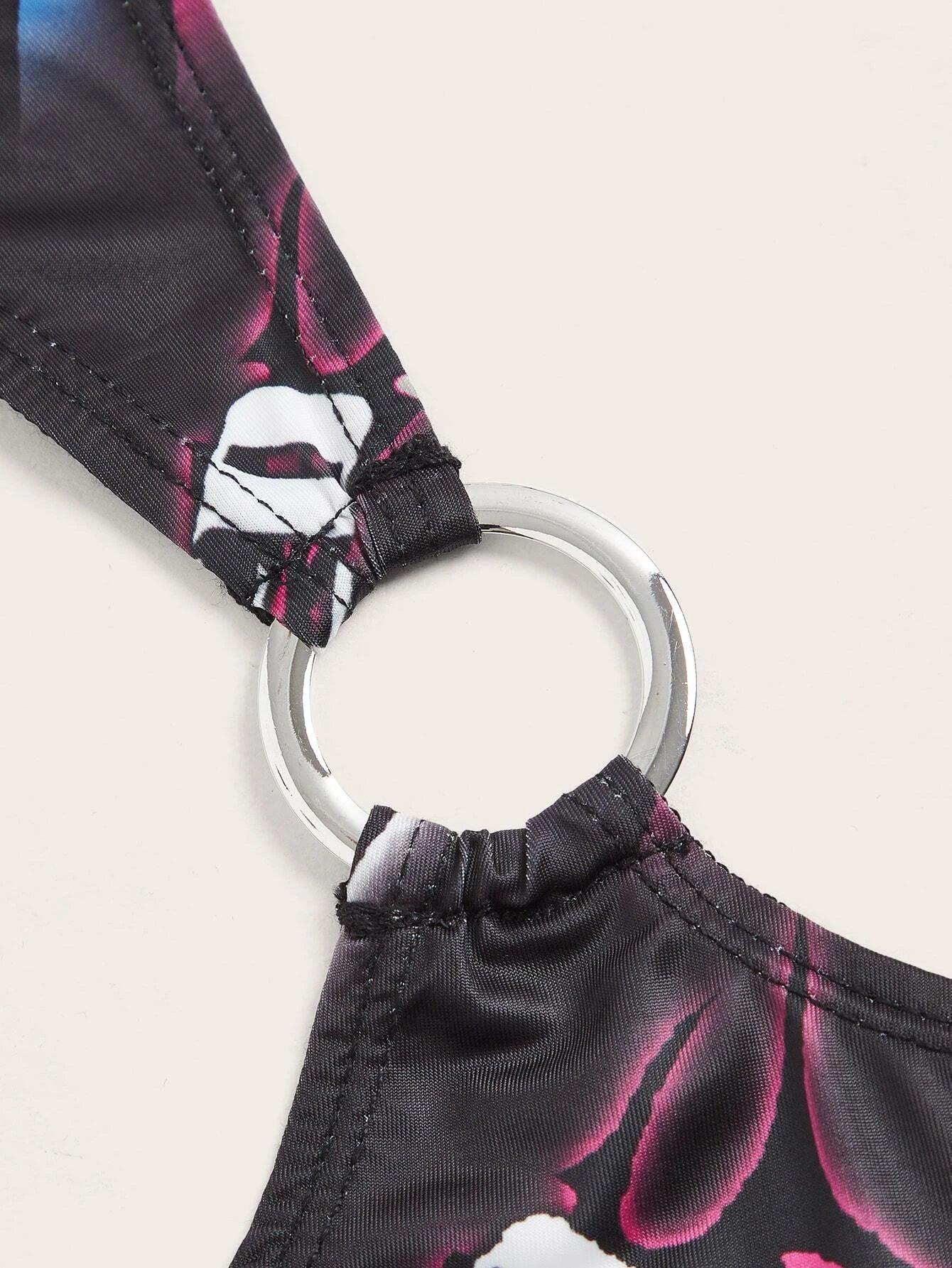 Letter Graphic O-ring Cut Out Bodysuit-Comfy Jumpsuits