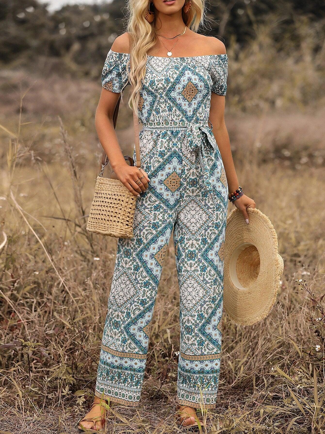 Wide Length Off Shoulder Belted Jumpsuit-Comfy Jumpsuits