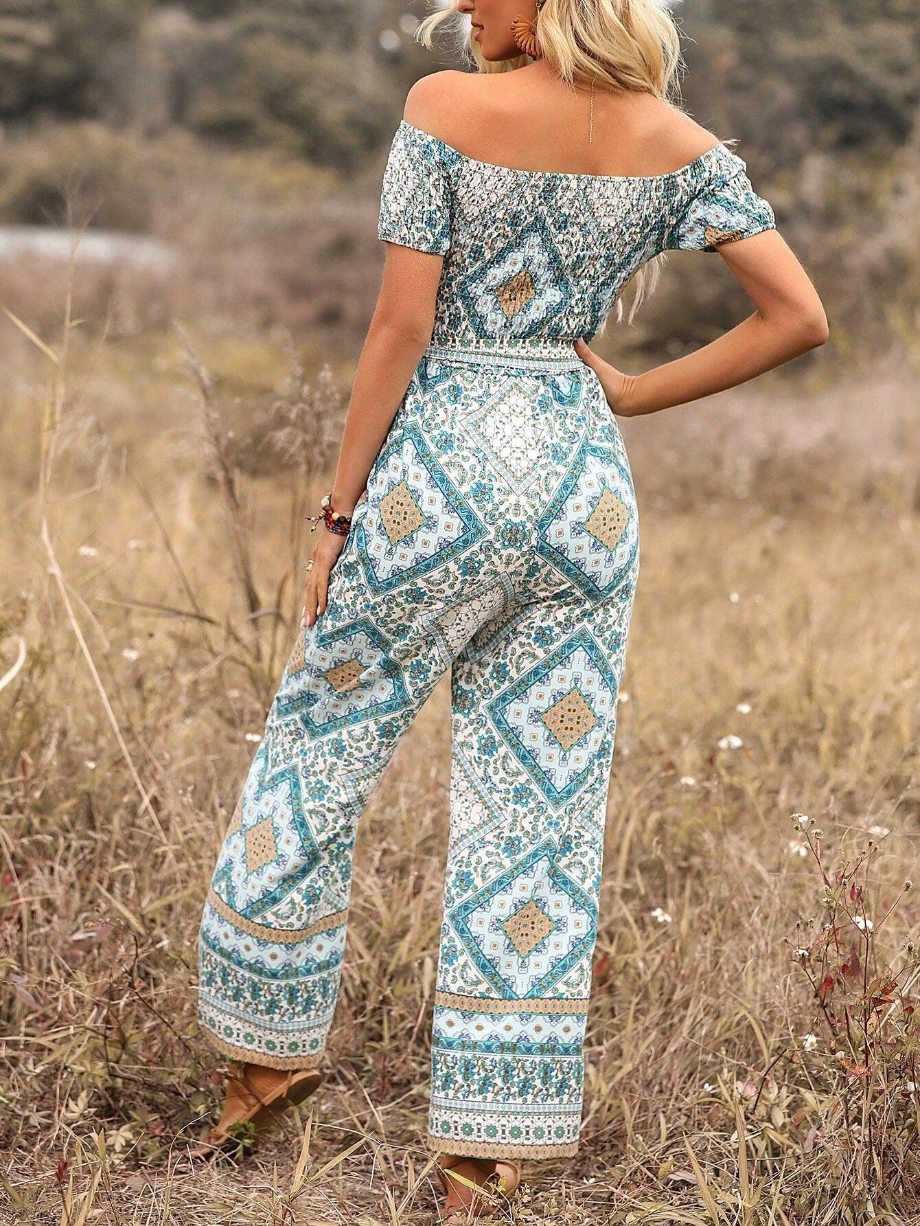 Wide Length Off Shoulder Belted Jumpsuit-Comfy Jumpsuits