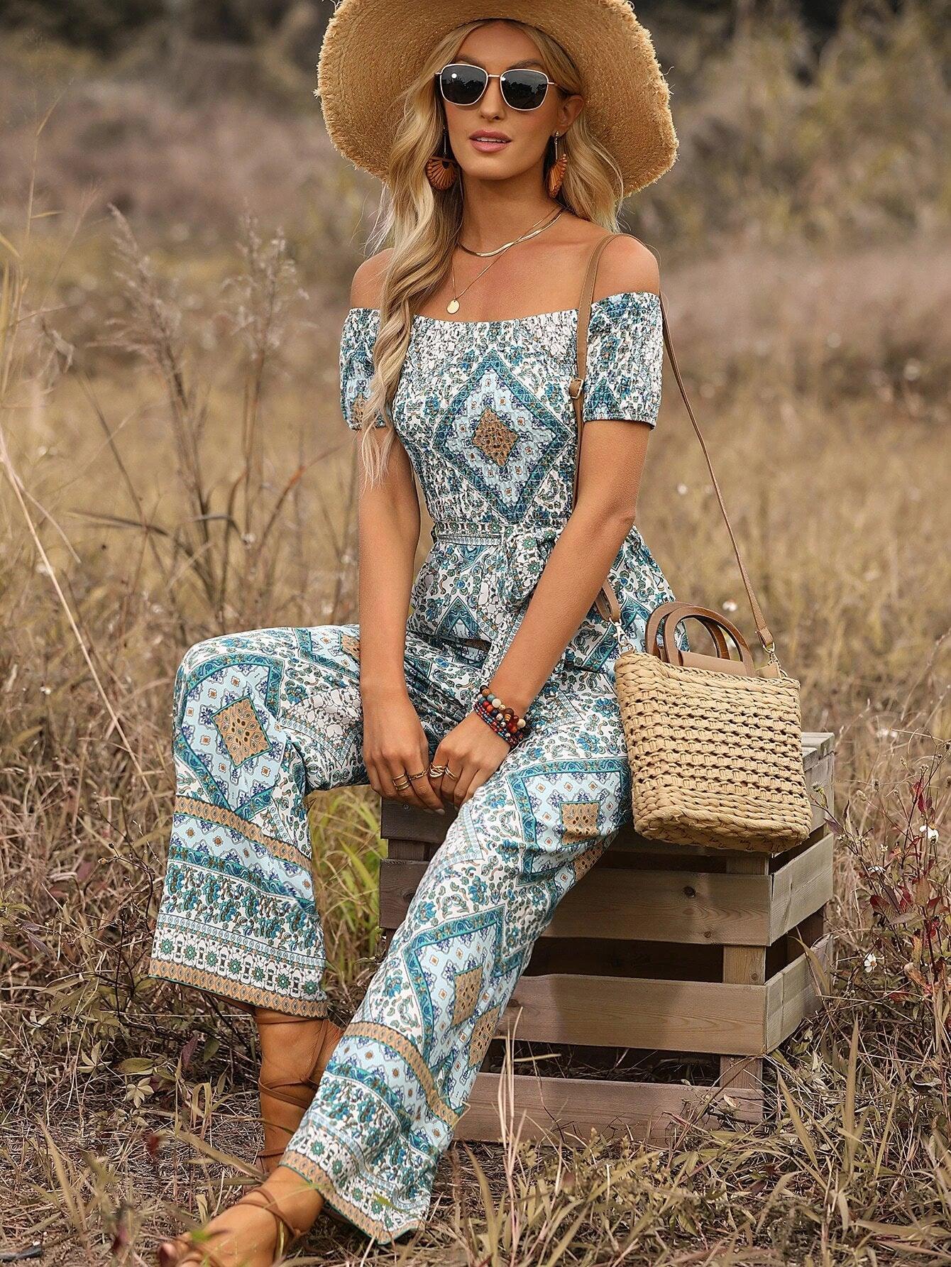 Wide Length Off Shoulder Belted Jumpsuit-Comfy Jumpsuits