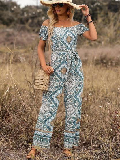 Wide Length Off Shoulder Belted Jumpsuit-Comfy Jumpsuits
