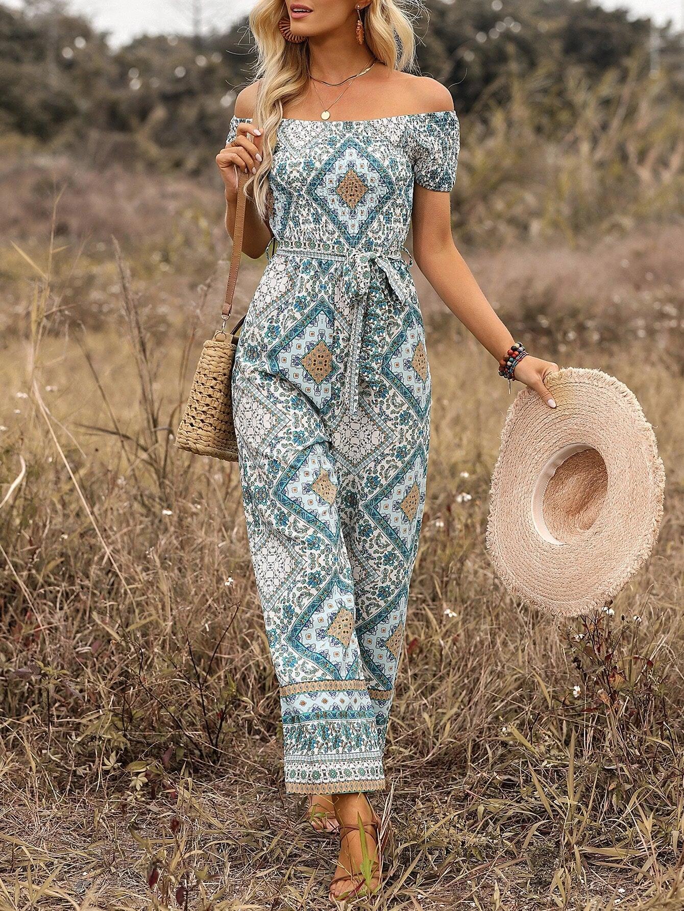 Wide Length Off Shoulder Belted Jumpsuit-Comfy Jumpsuits