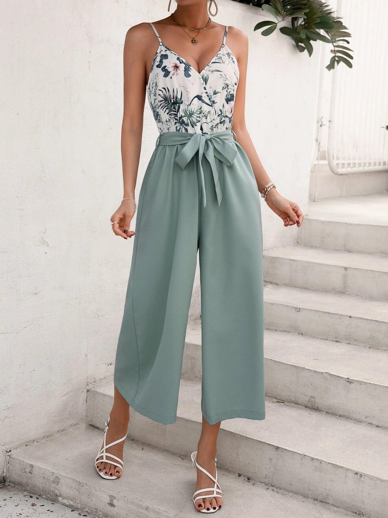 Floral Print Belted Cami Jumpsuit-Comfy Jumpsuits