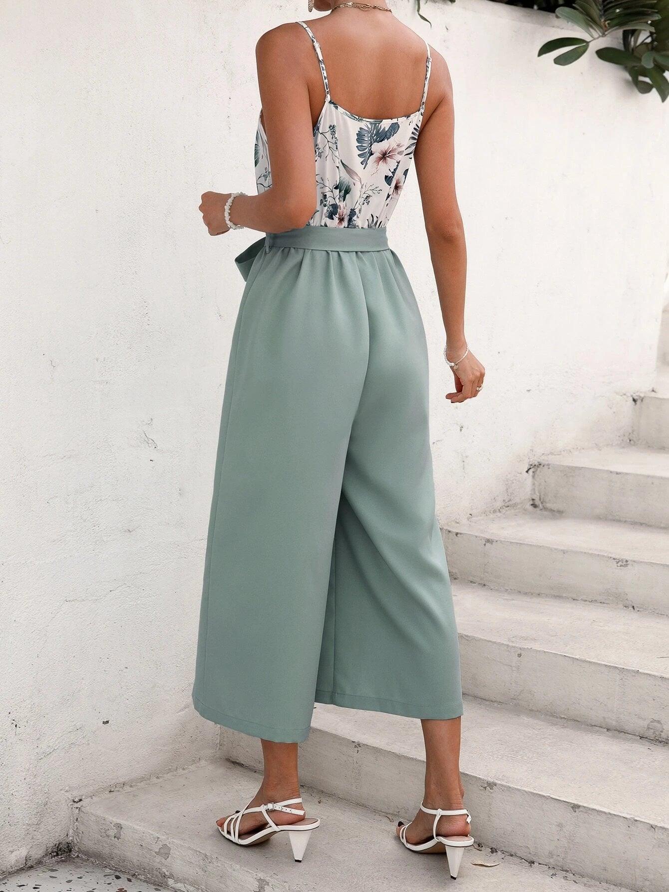 Floral Print Belted Cami Jumpsuit-Comfy Jumpsuits