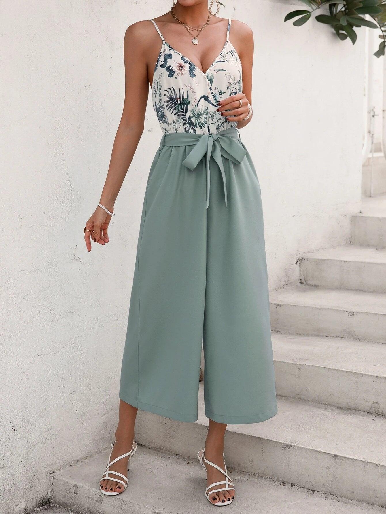 Floral Print Belted Cami Jumpsuit-Comfy Jumpsuits