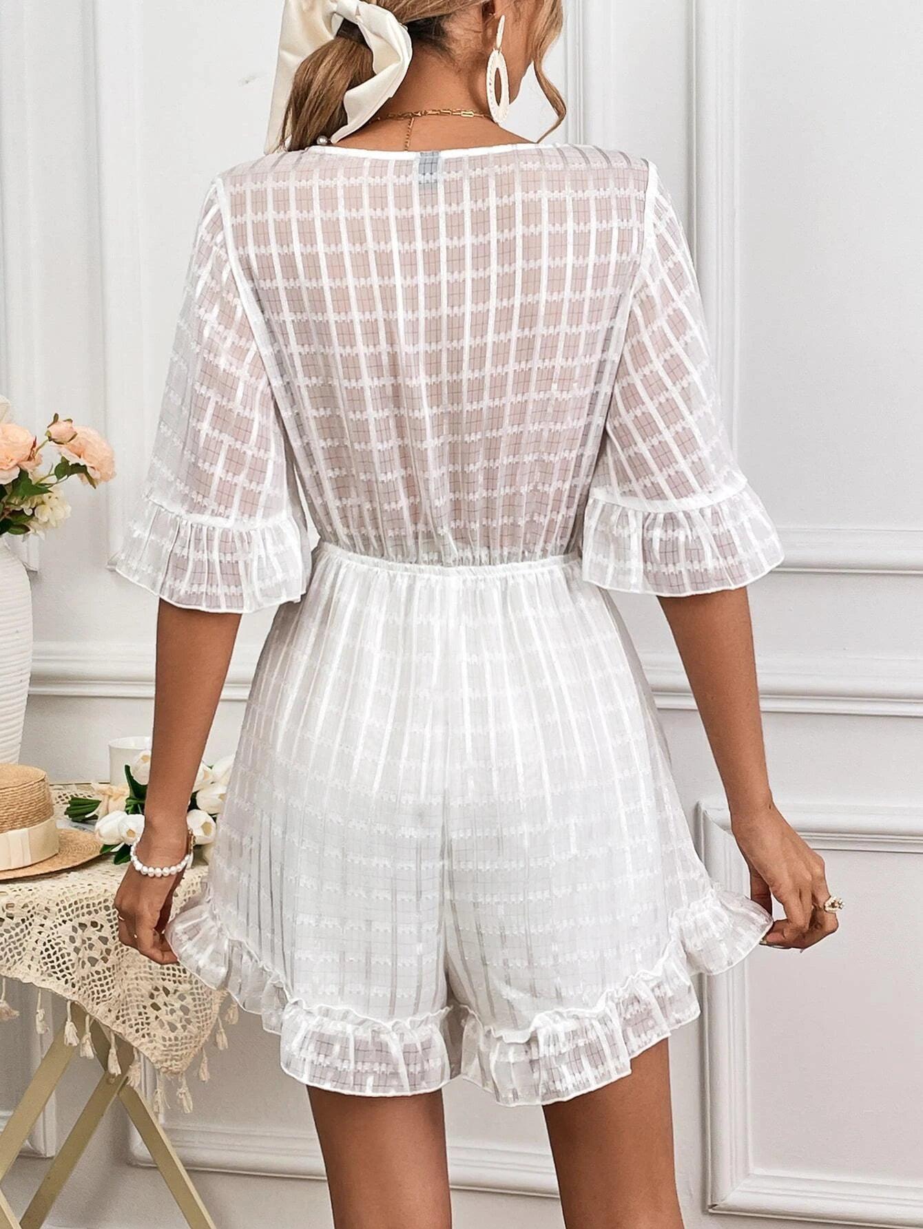 Tie Front Flounce Sleeved Romper-Comfy Jumpsuits