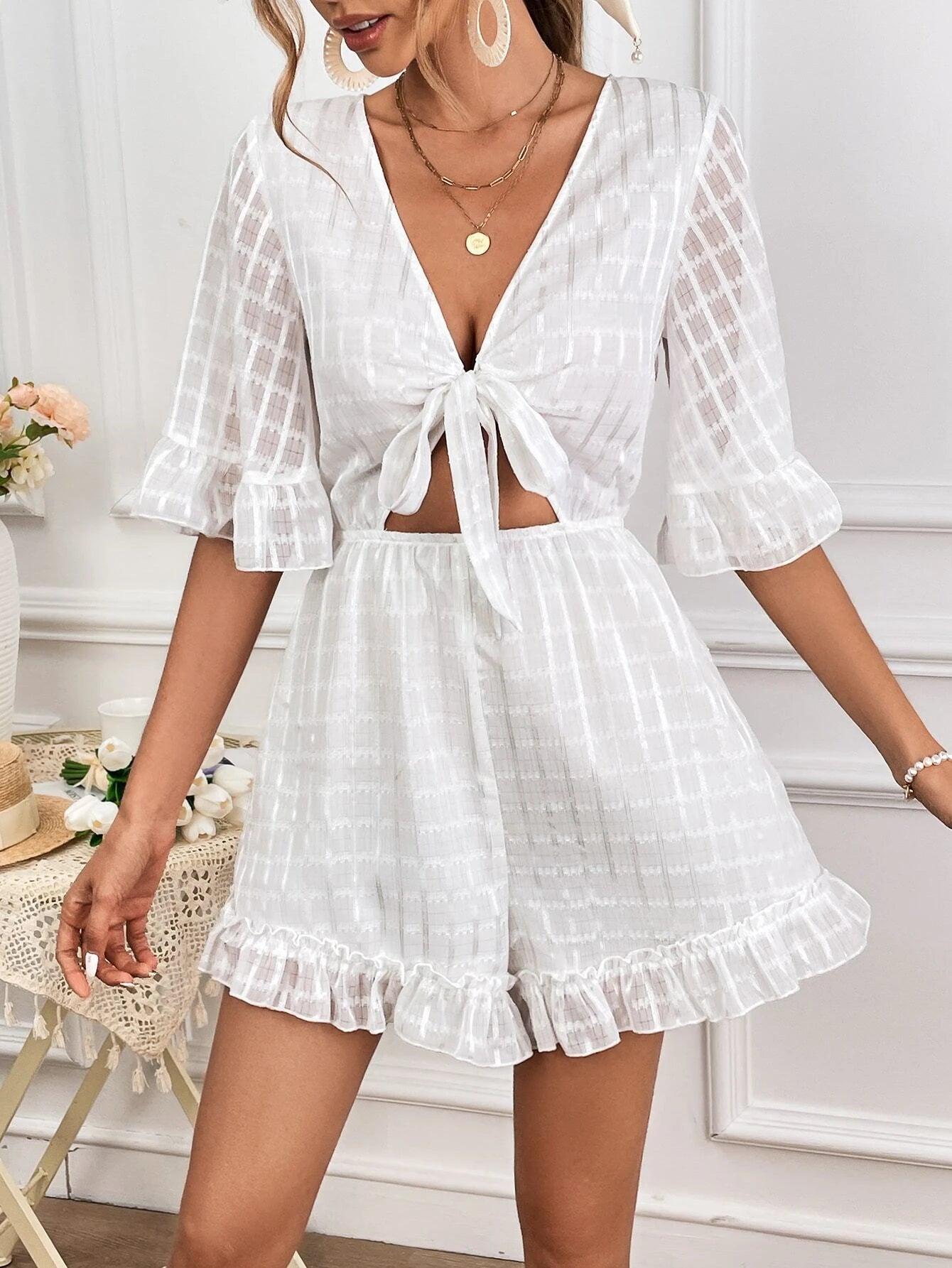 Tie Front Flounce Sleeved Romper-Comfy Jumpsuits