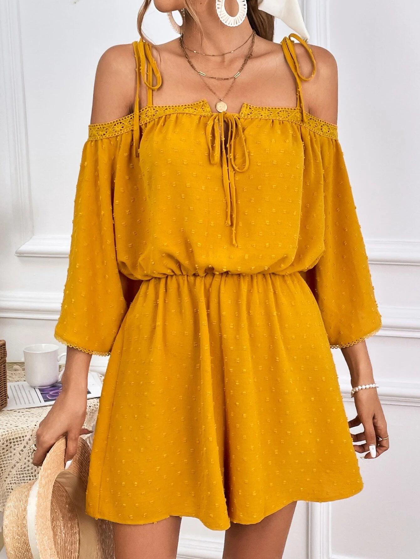 Swiss Dot Cold Shoulder Knot Front Romper-Comfy Jumpsuits