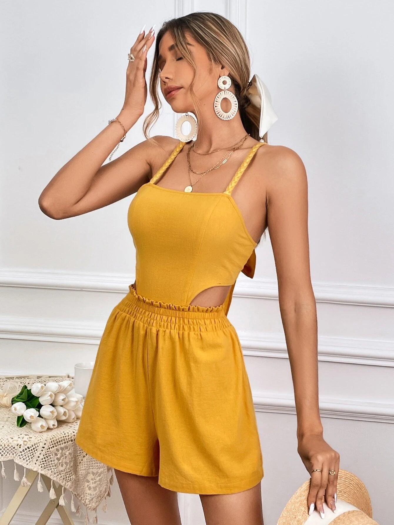 Solid Backless Cami Romper-Comfy Jumpsuits