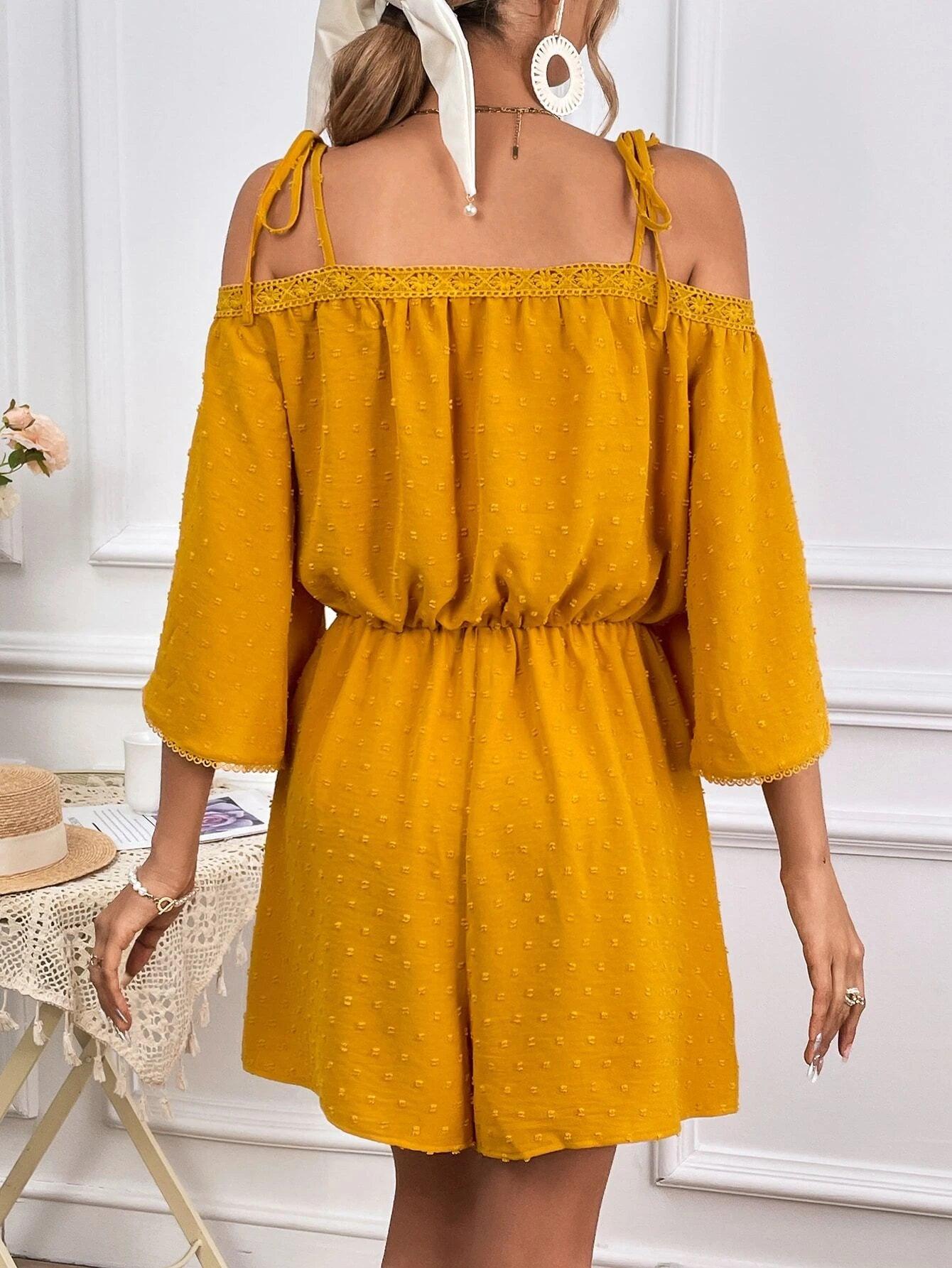 Swiss Dot Cold Shoulder Knot Front Romper-Comfy Jumpsuits