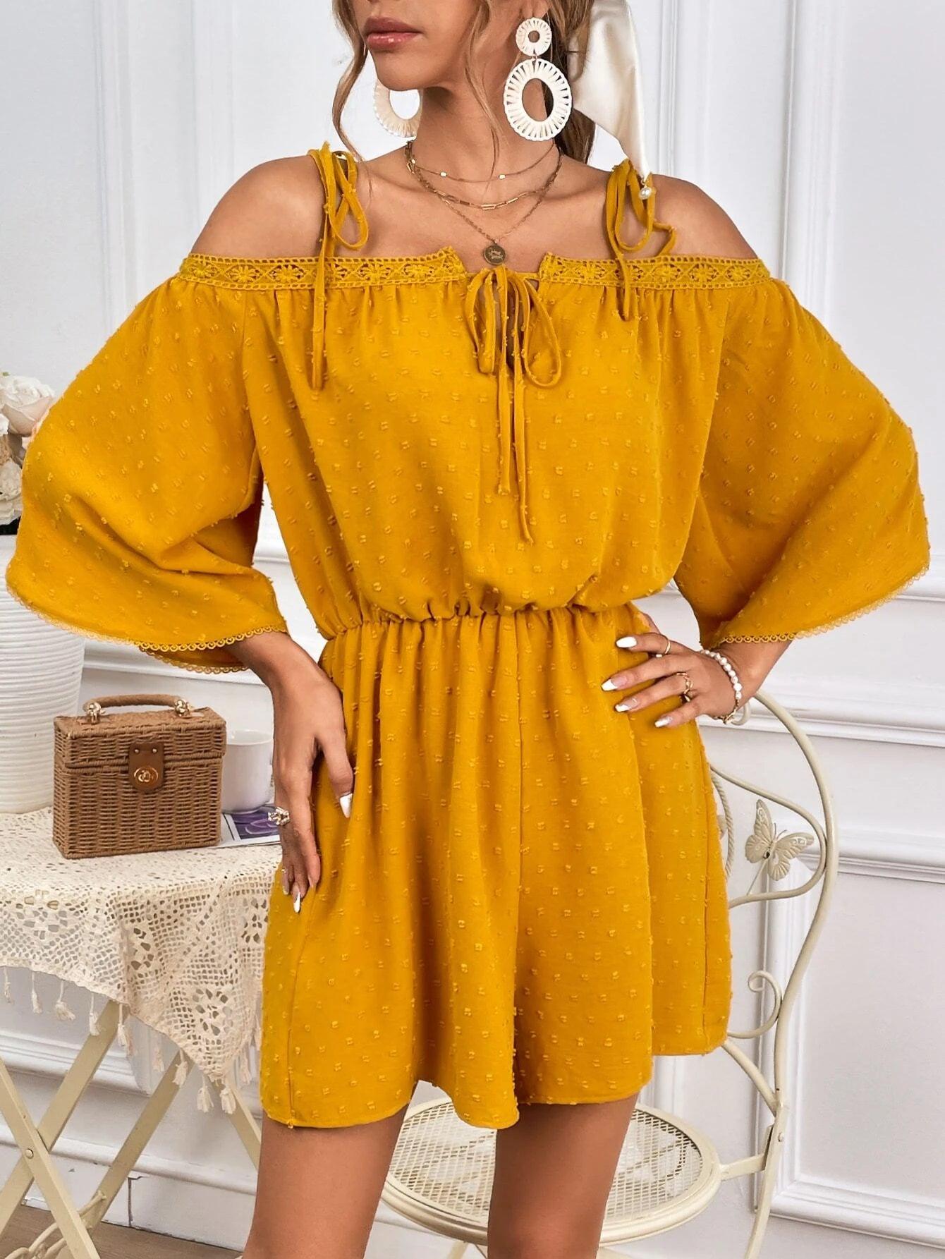 Swiss Dot Cold Shoulder Knot Front Romper-Comfy Jumpsuits