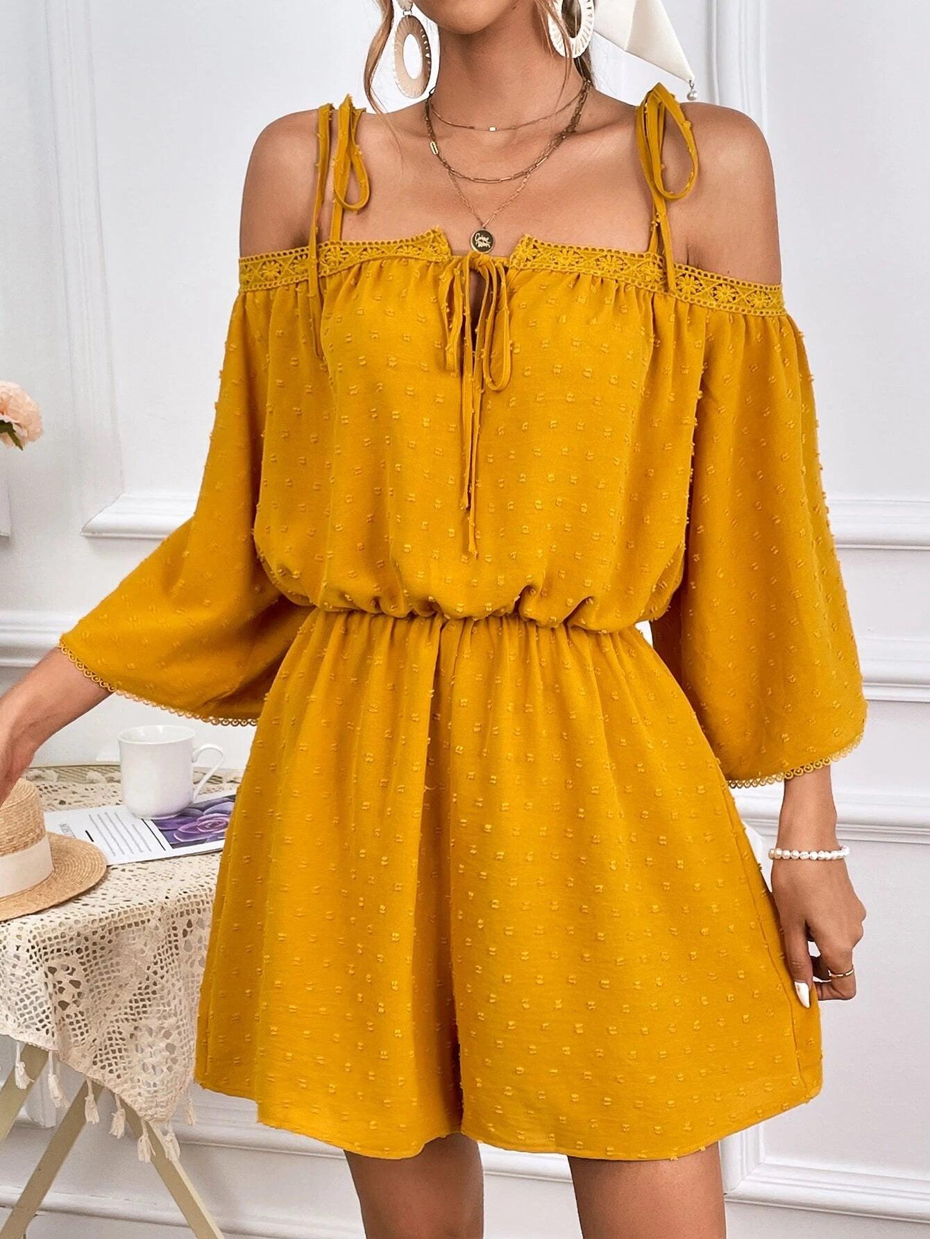 Swiss Dot Cold Shoulder Knot Front Romper-Comfy Jumpsuits