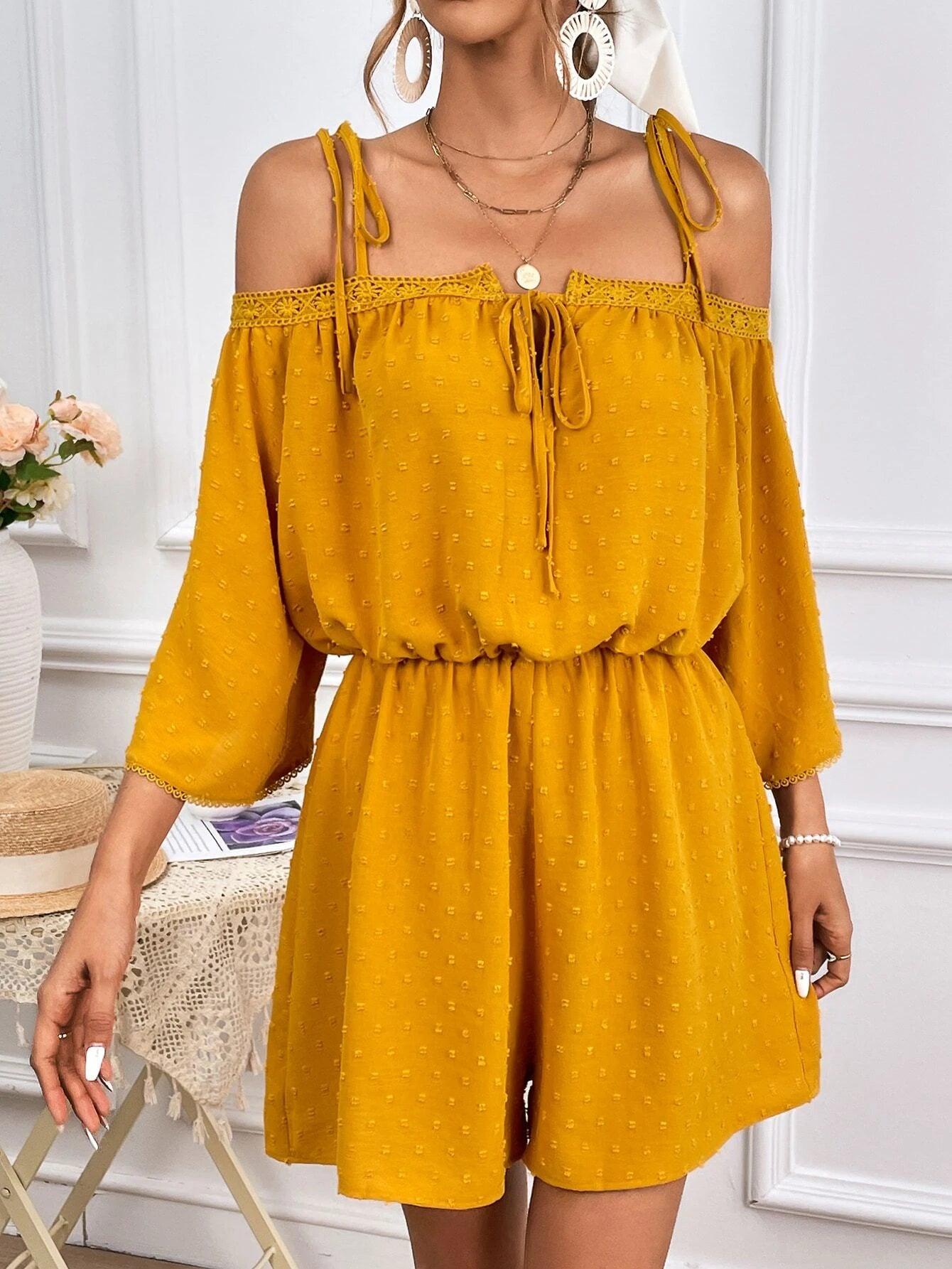 Swiss Dot Cold Shoulder Knot Front Romper-Comfy Jumpsuits