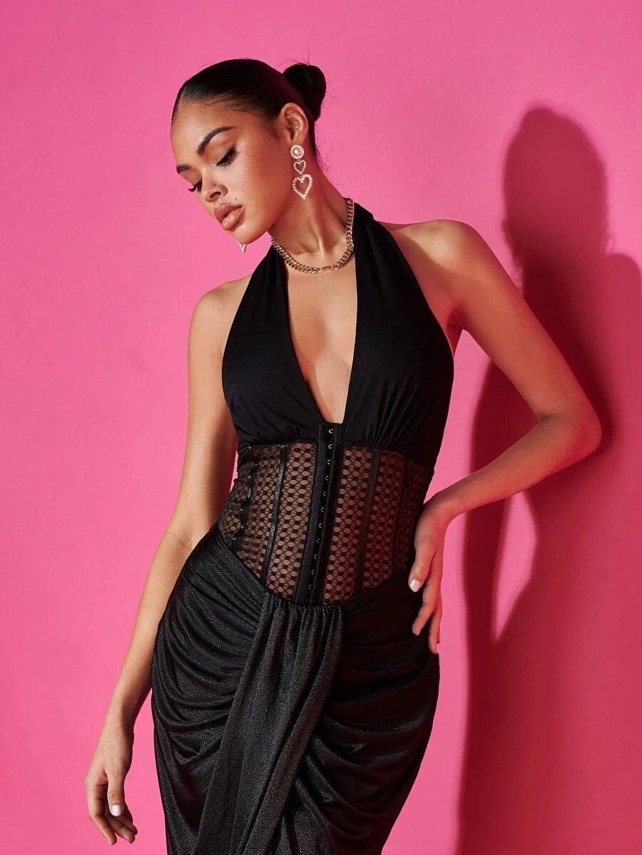 Plunging Neck Backless Halter Bodysuit-Comfy Jumpsuits