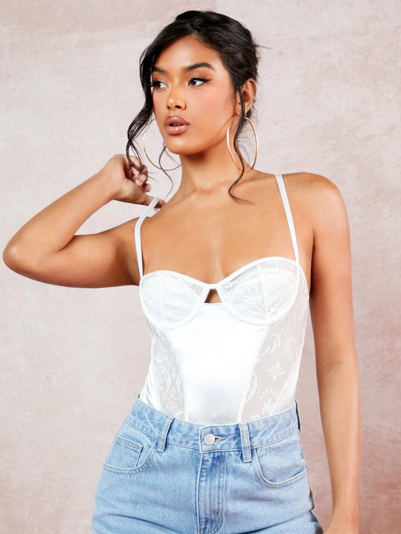 Contrast Mesh Cami Bodysuit-Comfy Jumpsuits