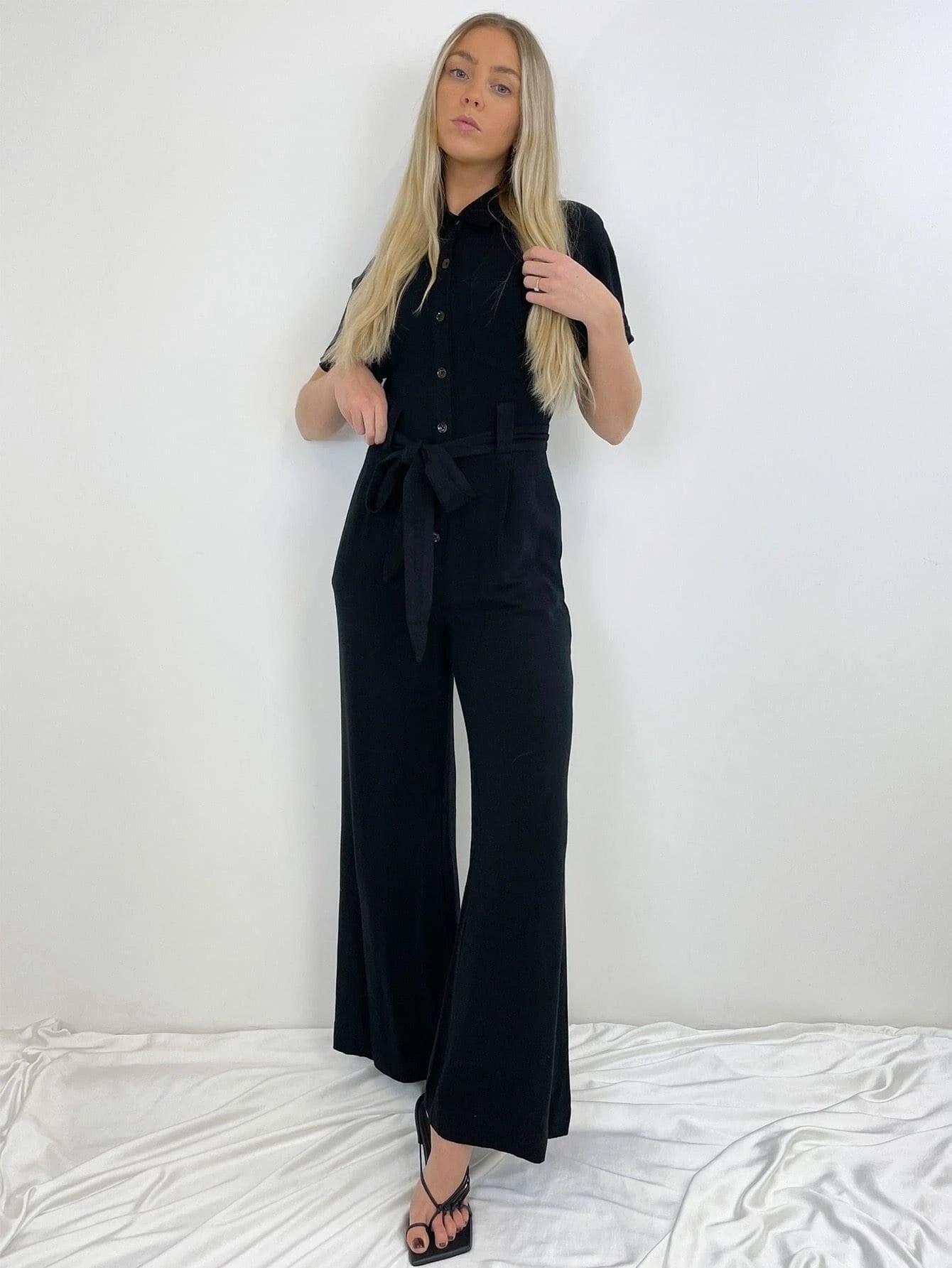 Button Front Belted Jumpsuit-Comfy Jumpsuits