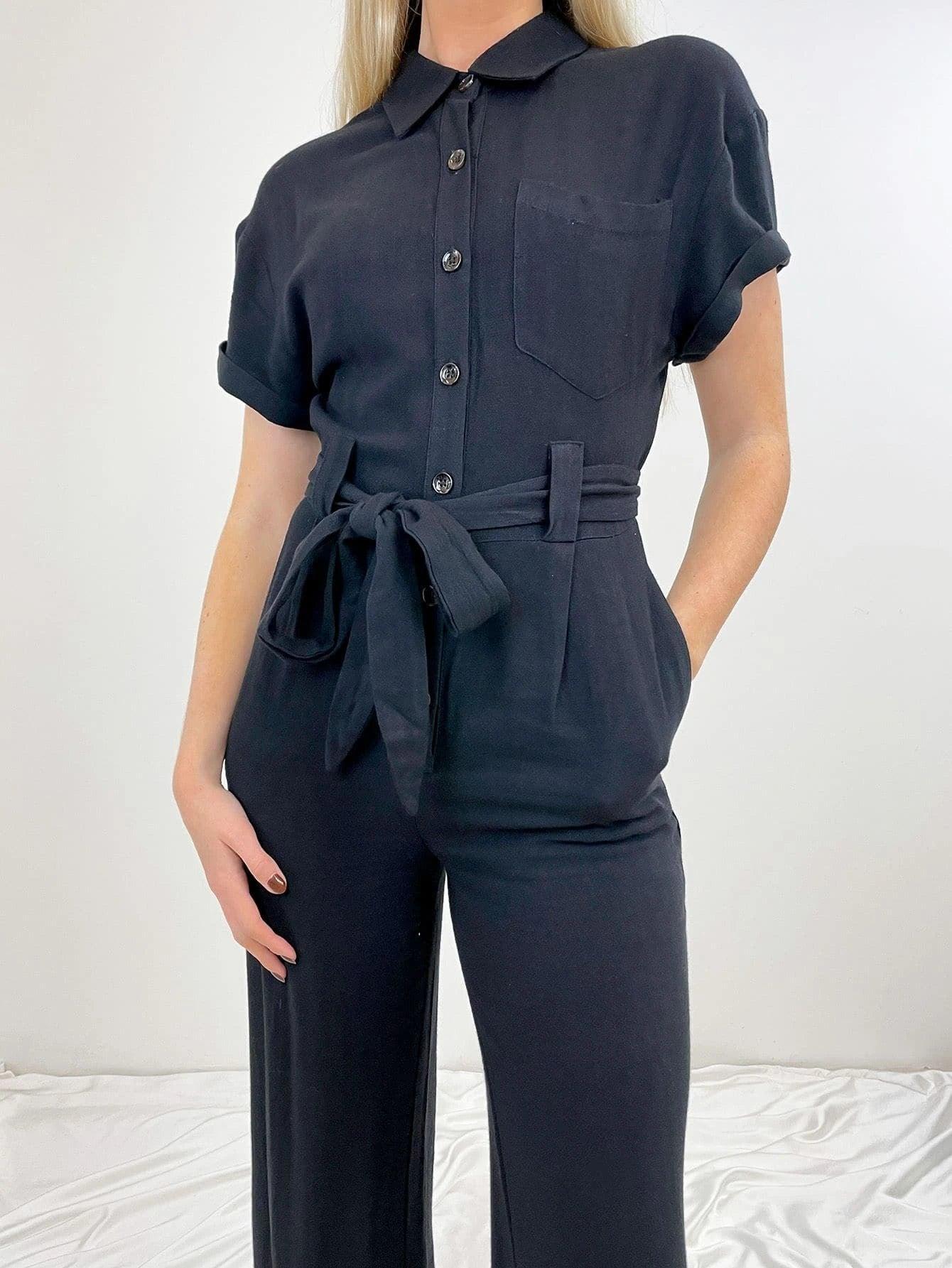 Button Front Belted Jumpsuit-Comfy Jumpsuits