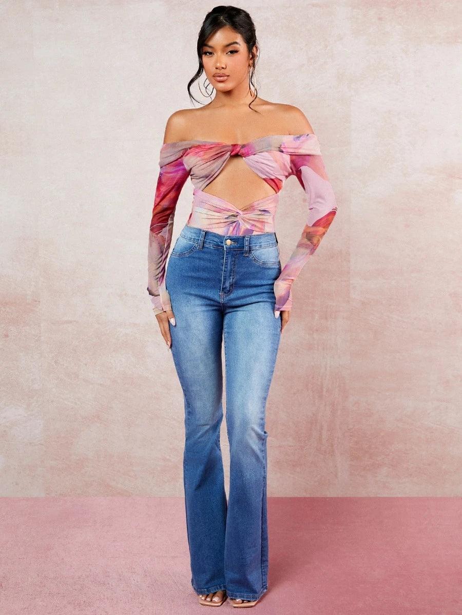 Tie Dye Twist Front Cut Out Bodysuit-Comfy Jumpsuits