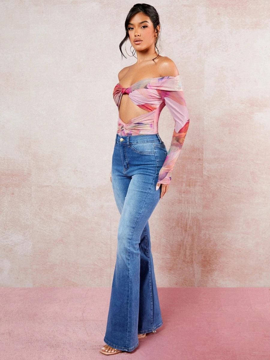 Tie Dye Twist Front Cut Out Bodysuit-Comfy Jumpsuits