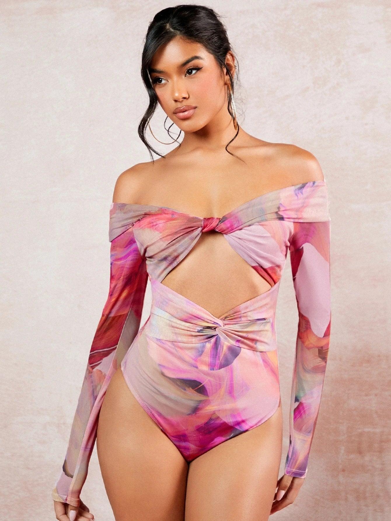 Tie Dye Twist Front Cut Out Bodysuit-Comfy Jumpsuits