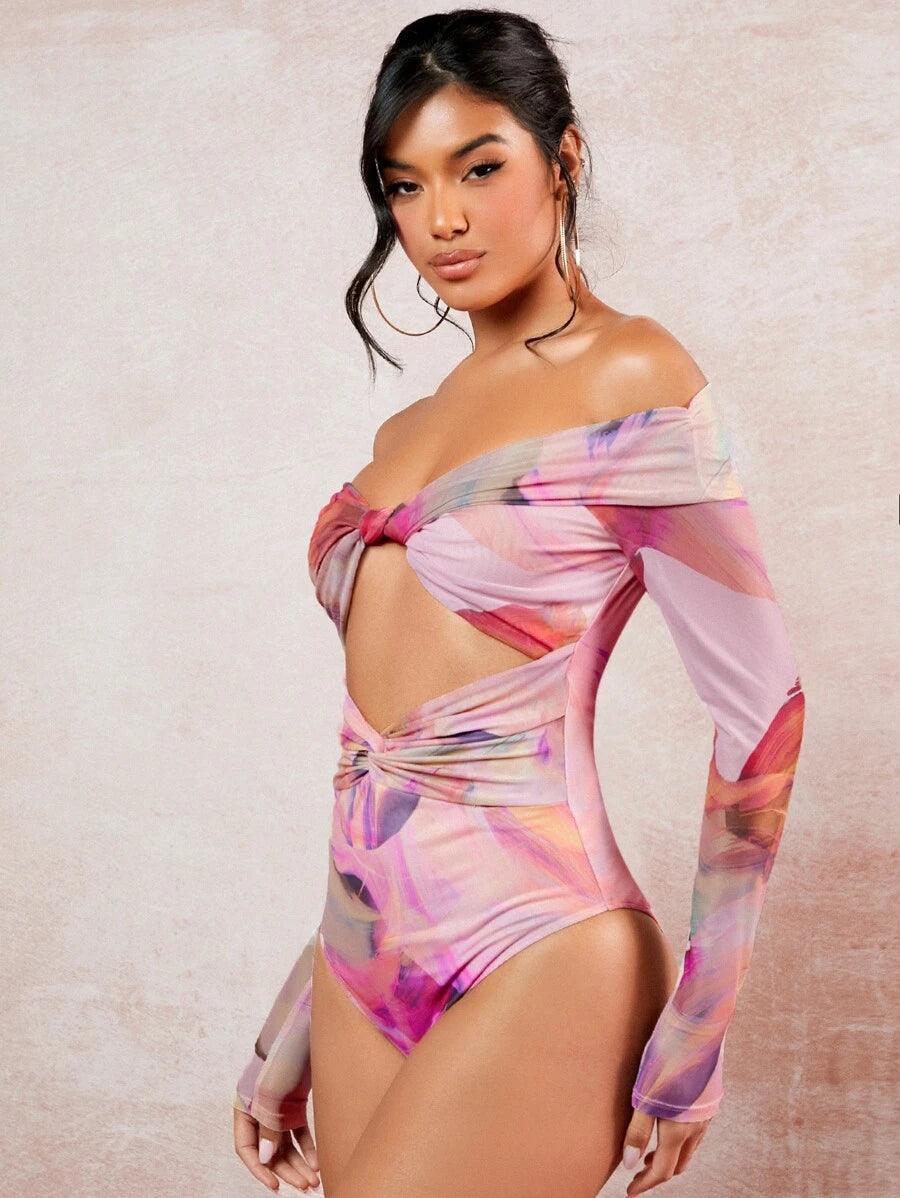 Tie Dye Twist Front Cut Out Bodysuit-Comfy Jumpsuits