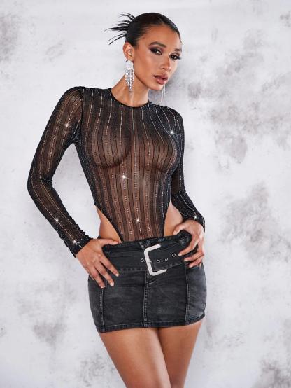 Long Sleeve Mesh Bodysuit-Comfy Jumpsuits