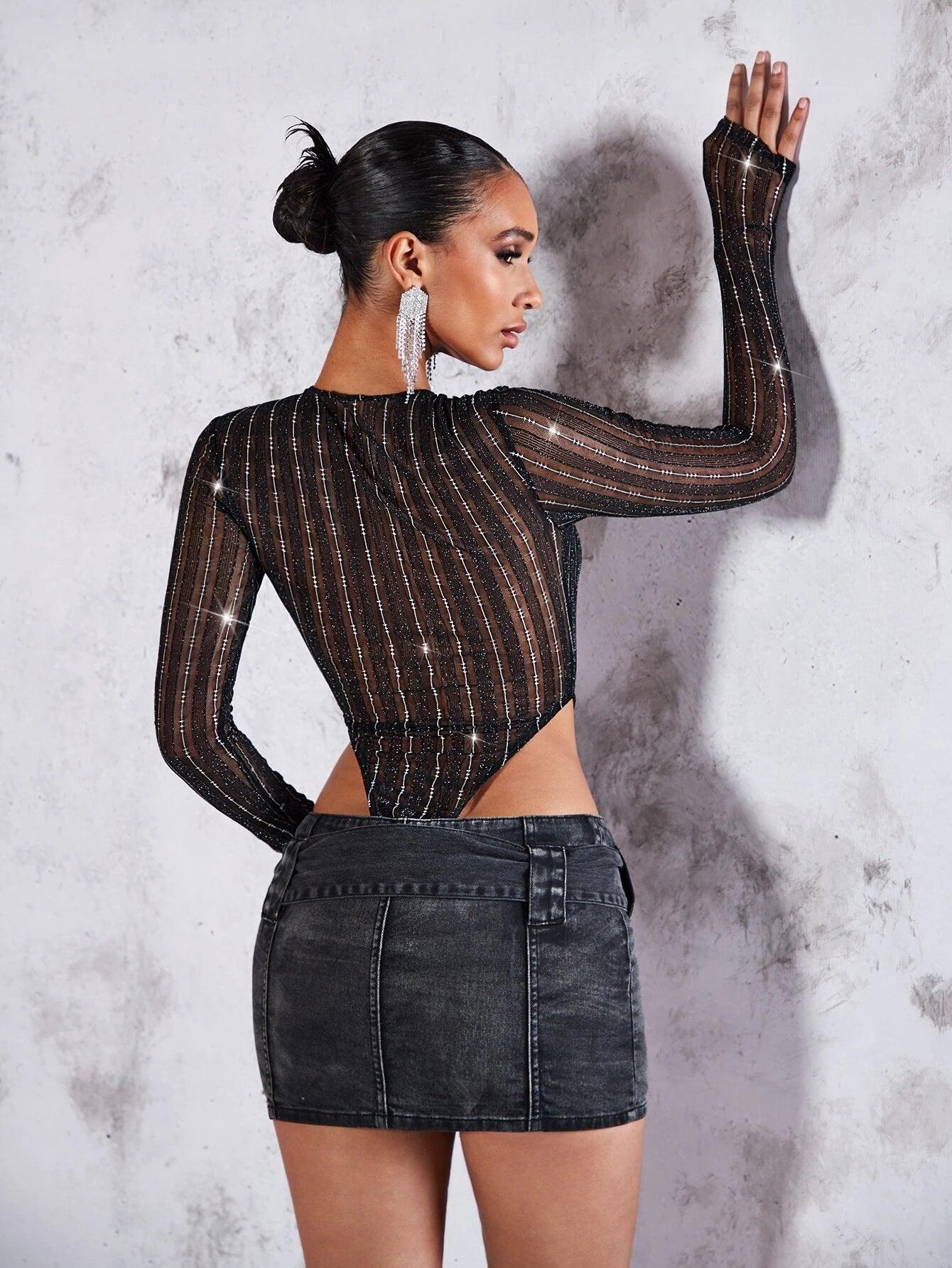 Long Sleeve Mesh Bodysuit-Comfy Jumpsuits