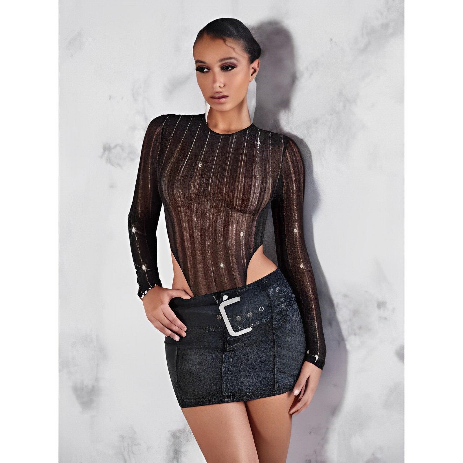 Rhinestone Detail High Cut Mesh Bodysuit-Comfy Jumpsuits