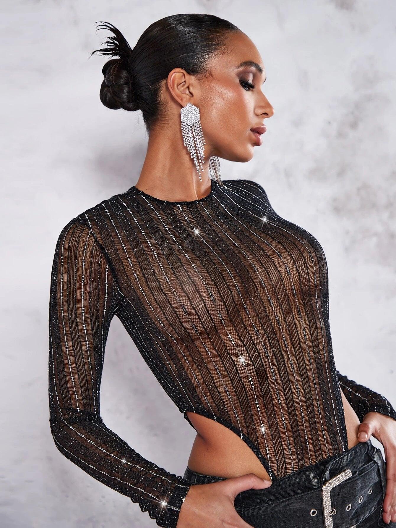 Long Sleeve Mesh Bodysuit-Comfy Jumpsuits