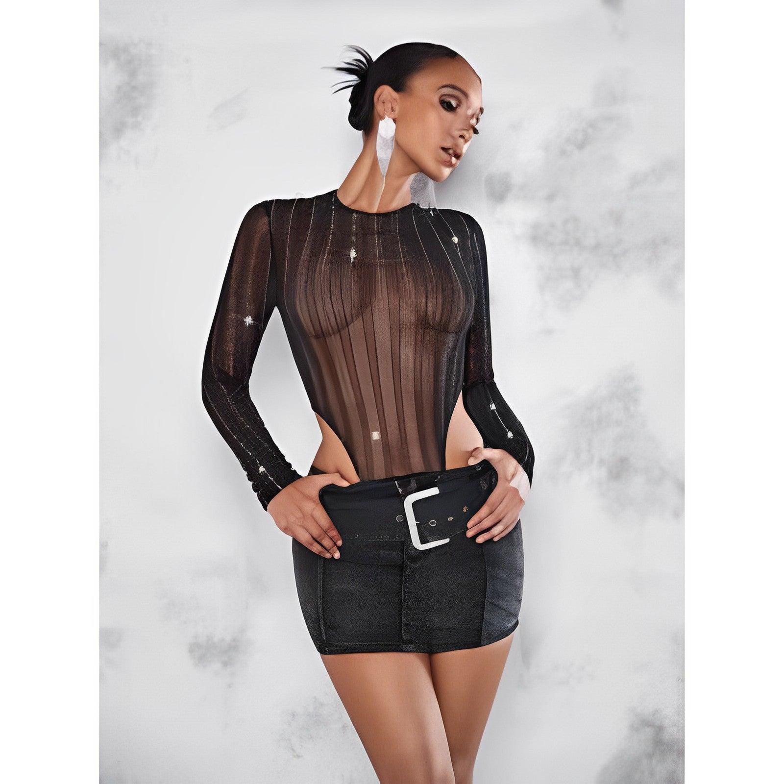 Rhinestone Detail High Cut Mesh Bodysuit-Comfy Jumpsuits