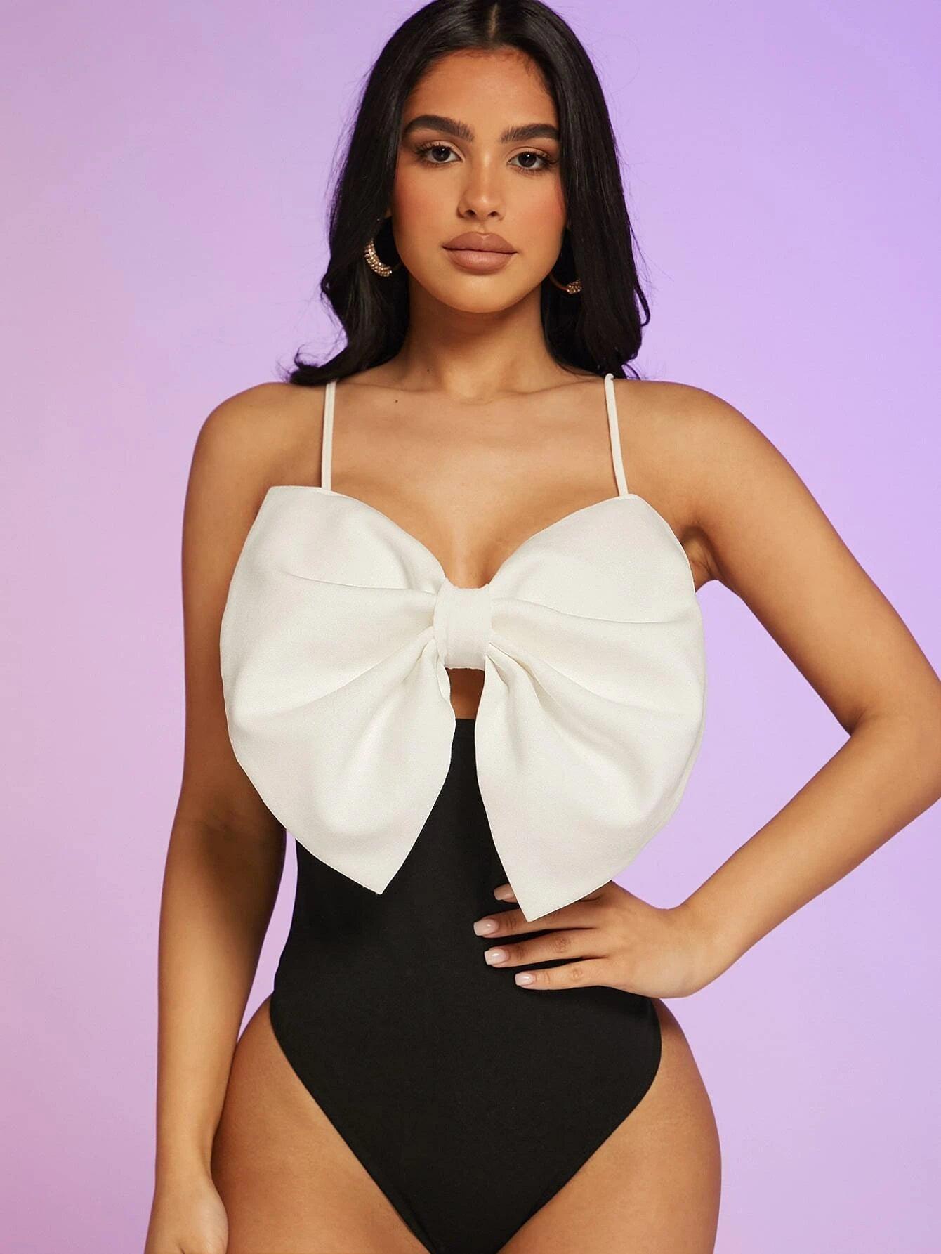 Cherry Mellow Two Tone Big Bow Front Cami Bodysuit-Comfy Jumpsuits