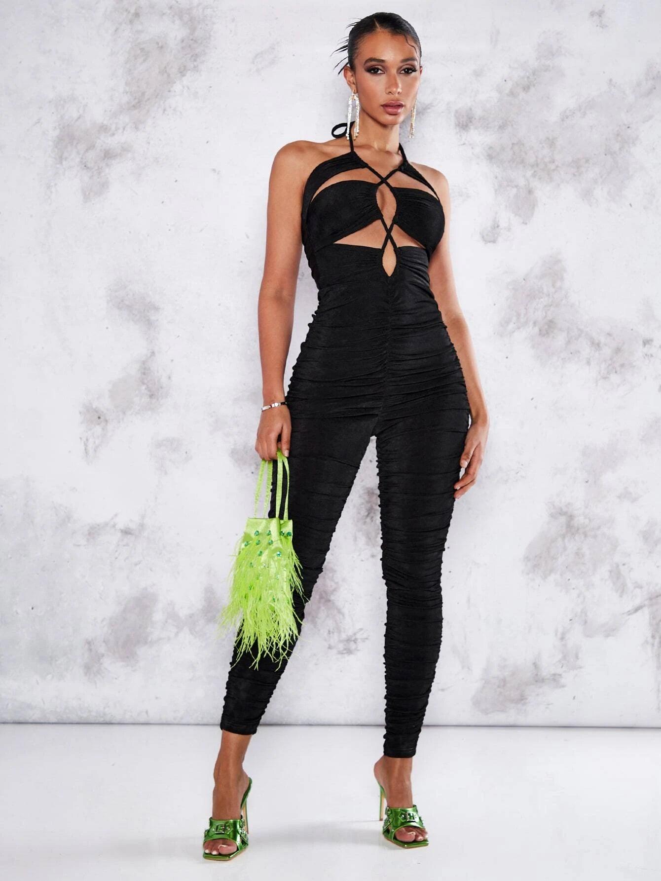 Front Ruched Halter Neck Backless Jumpsuit-Comfy Jumpsuits