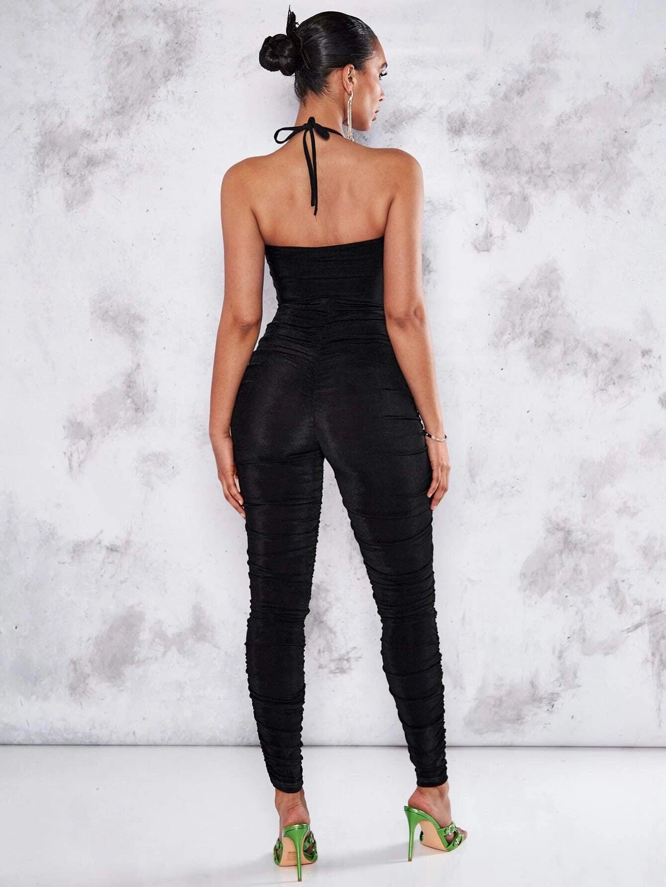 Front Ruched Halter Neck Backless Jumpsuit-Comfy Jumpsuits