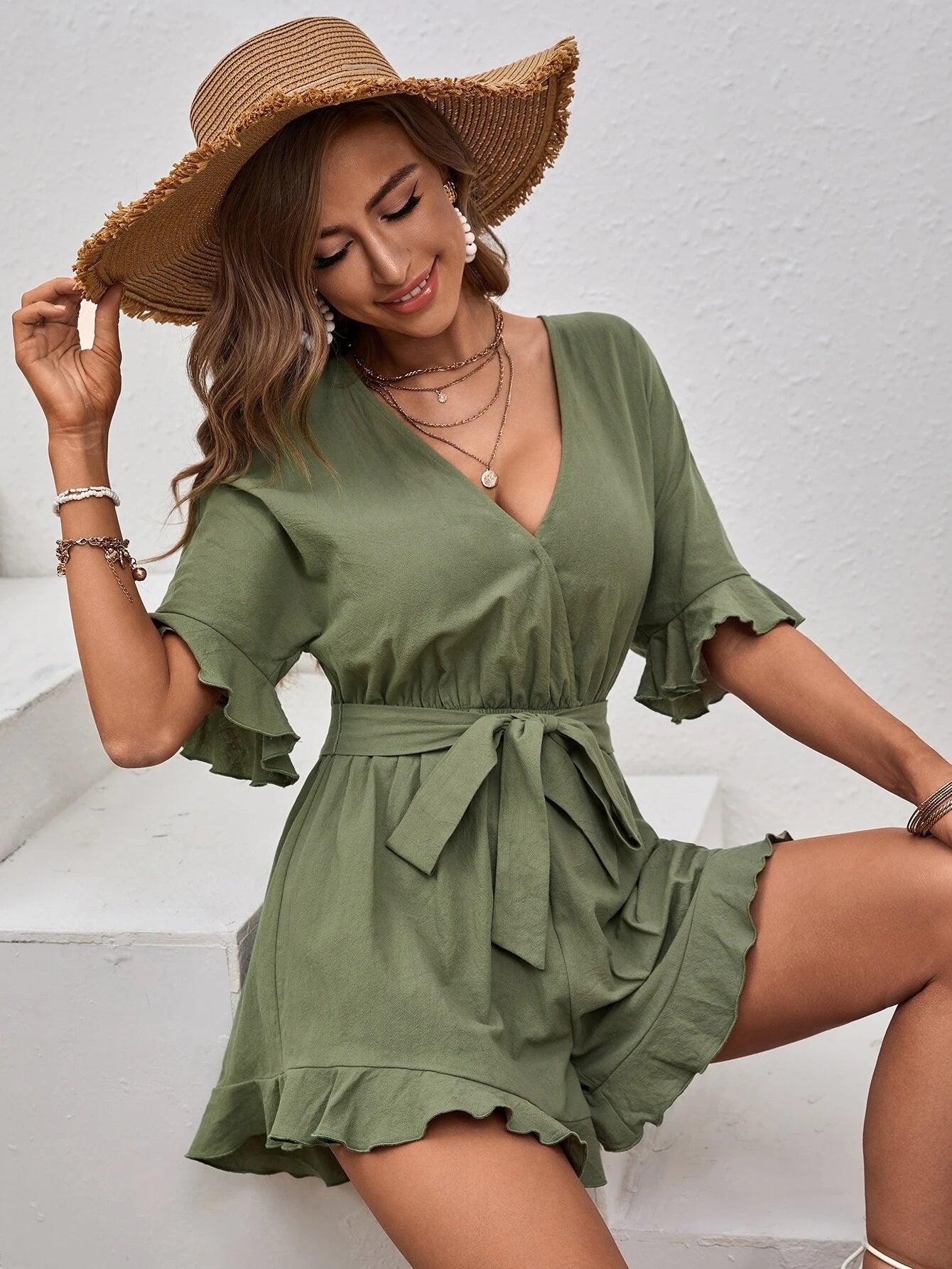 Flounce Sleeve Ruffle Hem Belted Romper-Comfy Jumpsuits
